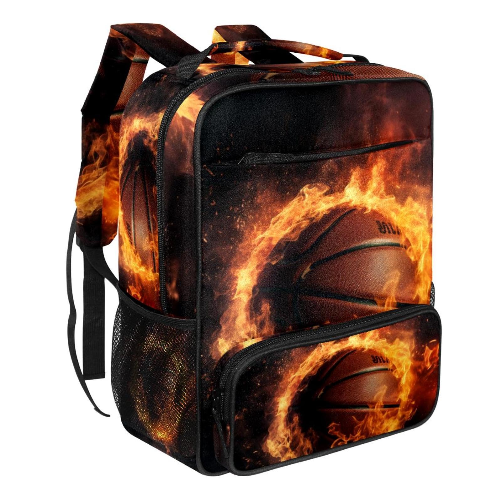 Stylish Travel Backpacks for Women & Men - Flame & Retro Basketball Design Backpack for Work, School, Gym & Outdoor Adventures