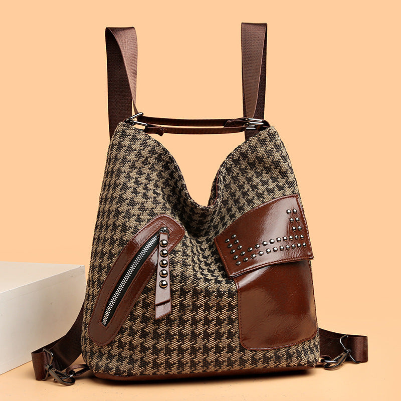 Stylish Houndstooth Backpack for Women - Fashionable Leopard Print Shoulder Bag with Rivet Design | Perfect for Work, Travel & Daily Use