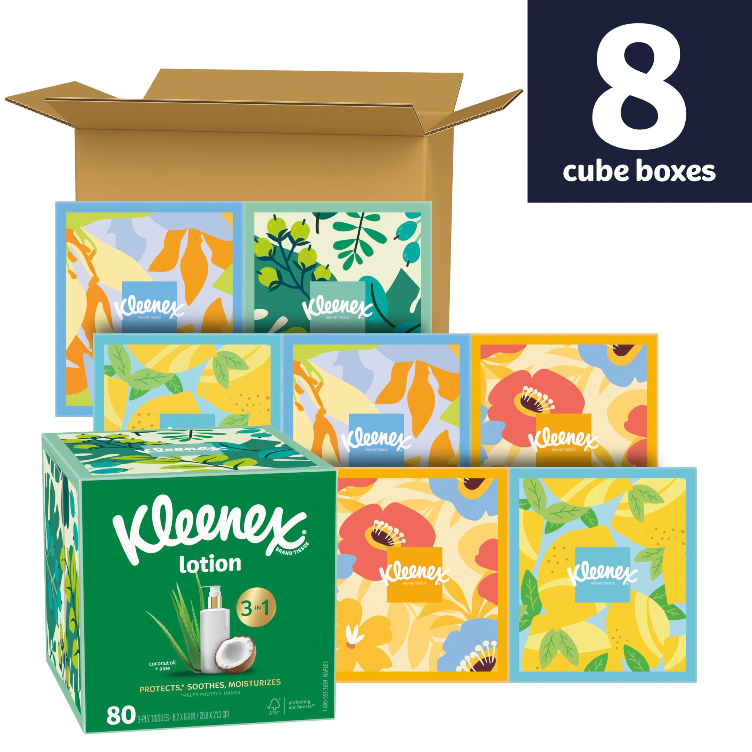 Kleenex Lotion Facial Tissues with Coconut Oil - 8 Cube Boxes (80 Tissues Each) | Ultra-Soft 3-Ply for Sensitive Skin | Perfect for Home, Office & Travel Use