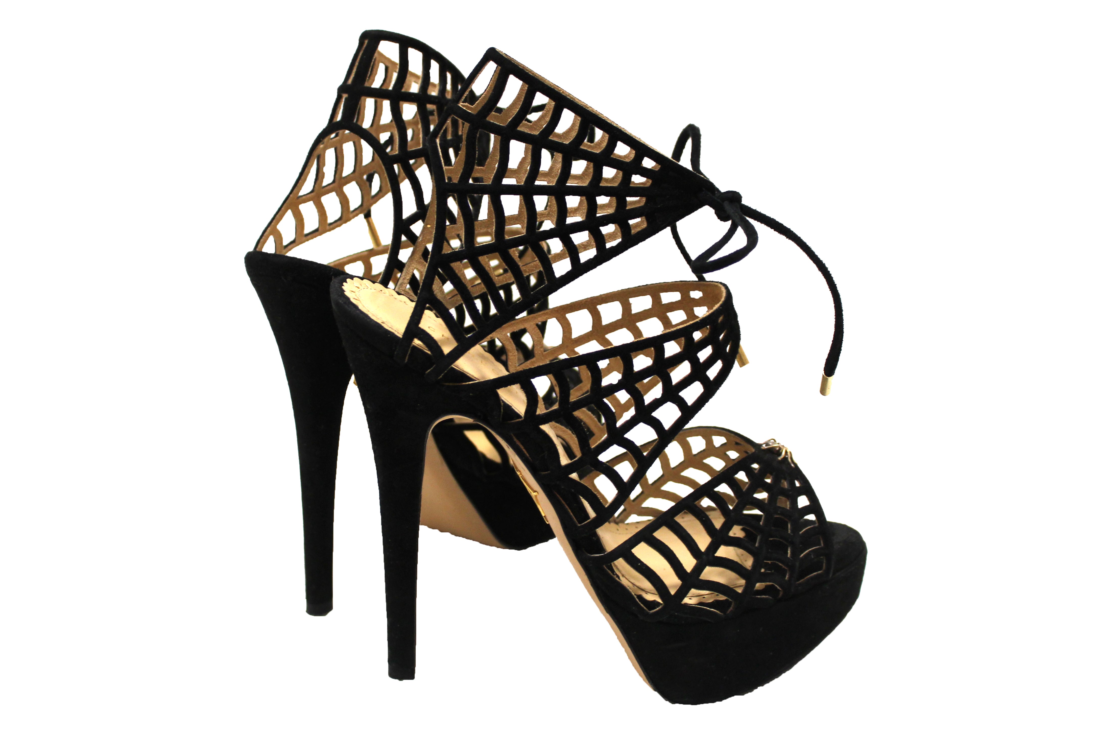 Authentic Charlotte Olympia Black Suede Spiderweb Stiletto Heels - Women's Size 36.5 (US 6.5) - Luxury Party Shoes for Evening Events, Halloween Costumes & Fashion Statement