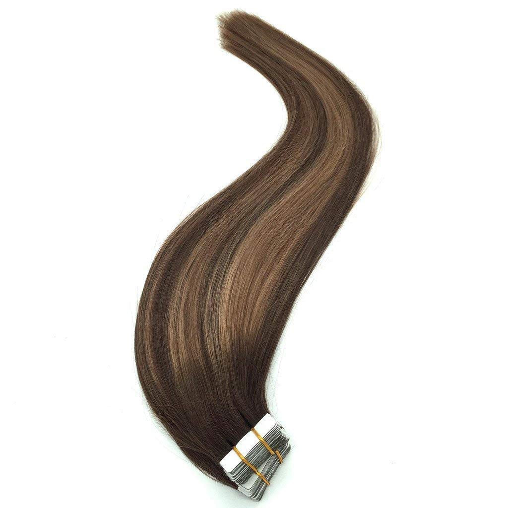 Brazilian Human Hair Extensions Tape - 20PCS 50G Real Remy Hair Extensions with Balayage Highlights (Color #4 Brown Ombre & #27 Blonde Mixed) - Natural Tape-In Hair for Women | Perfect for Daily Styling, Parties & Special Occasions