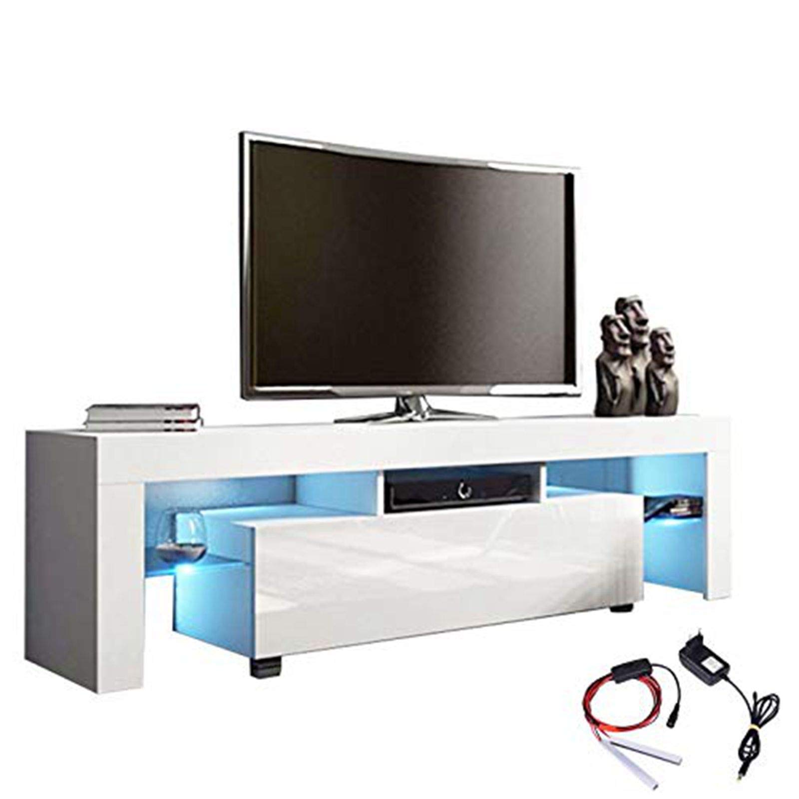 Modern LED Light TV Stand with Storage - High Gloss Wood Entertainment Center Console Cabinet with Drawers & Shelves (51.2×13.8×17.7in) - Perfect for Living Room, Bedroom & Home Theater Setup - US Stock Fast Shipping