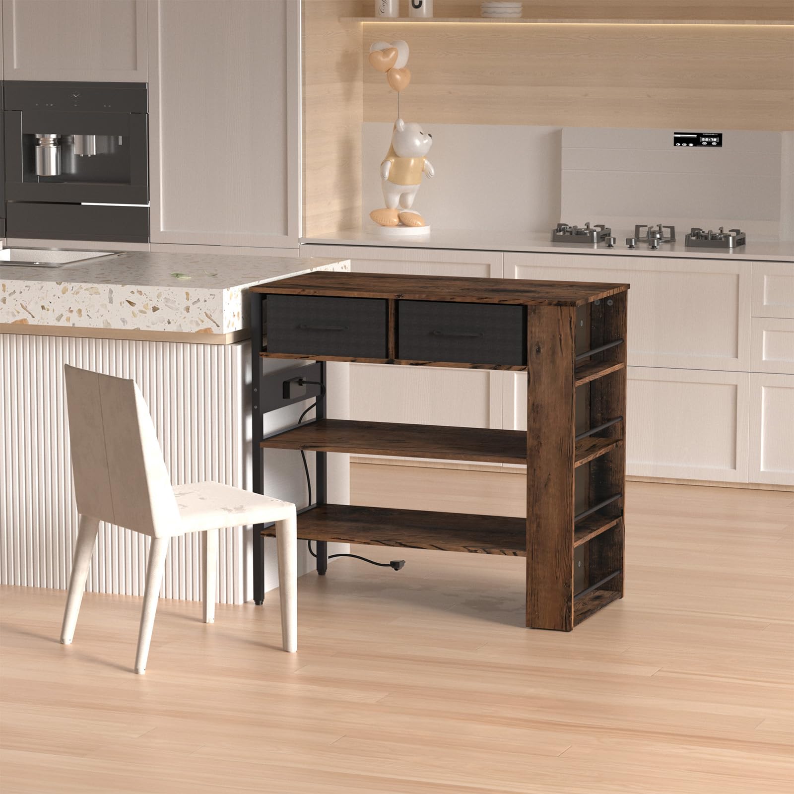 Modern Kitchen Island with Open Storage Shelves & Power Outlet - Rustic Brown Bar Table with Spice Rack | Perfect for Small Kitchens, Breakfast Nooks & Entertaining Guests