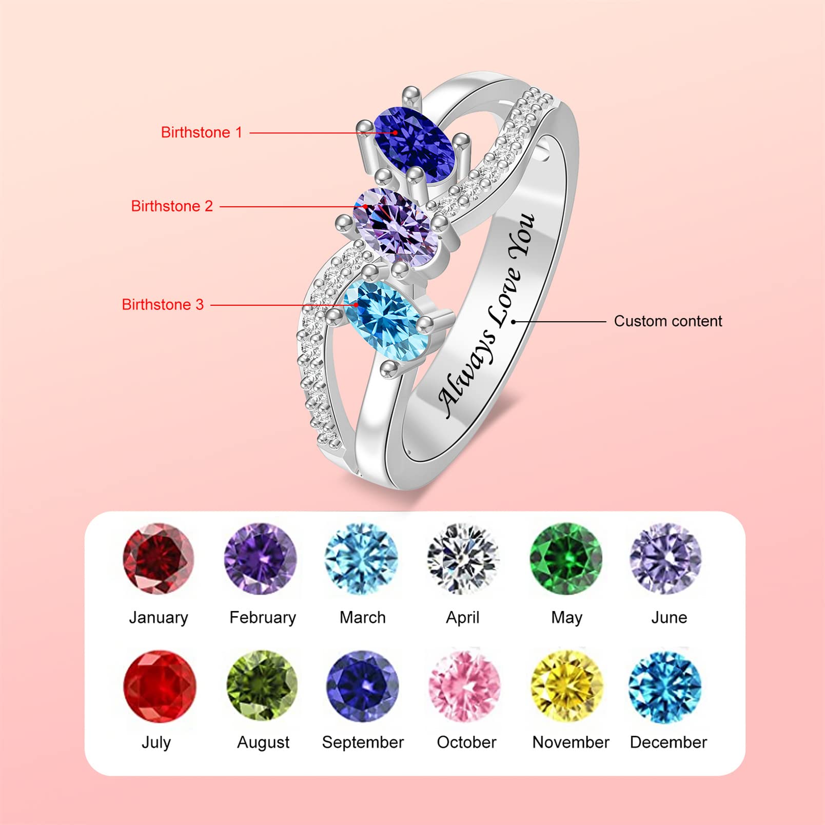Personalized Sterling Silver Rings for Women - Custom Simulated Birthstone Infinity Band Rings - Perfect Mother's Day Gift, Anniversary Present & Everyday Jewelry for Special Occasions