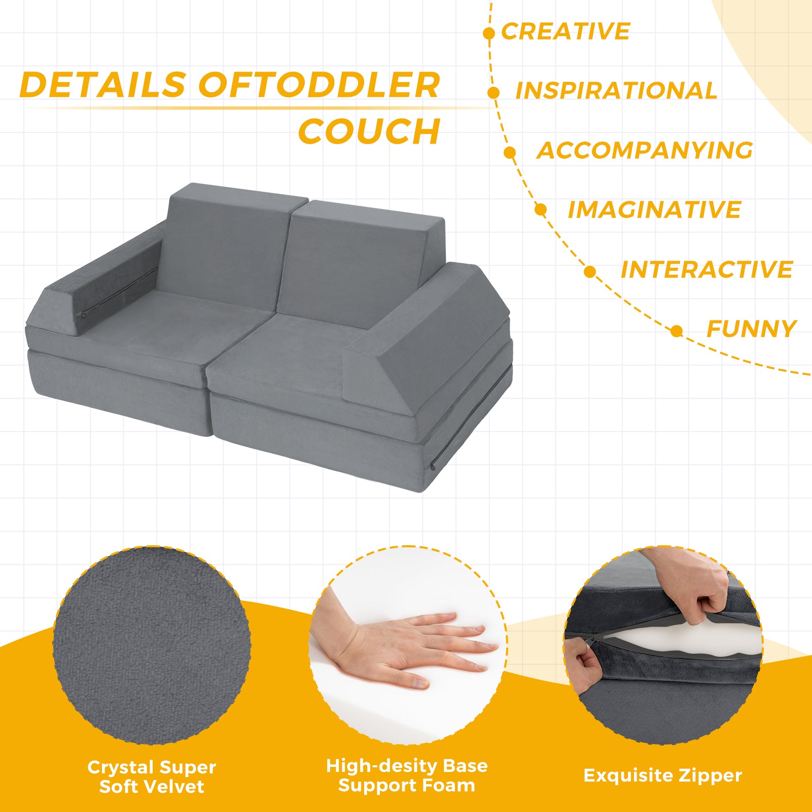 MAXYOYO 10-Piece Modular Convertible Kids Play Couch Sofa Set with Removable Soft Velvet Covers (Grey) - Perfect for Playrooms, Daycare Centers & Family Living Rooms