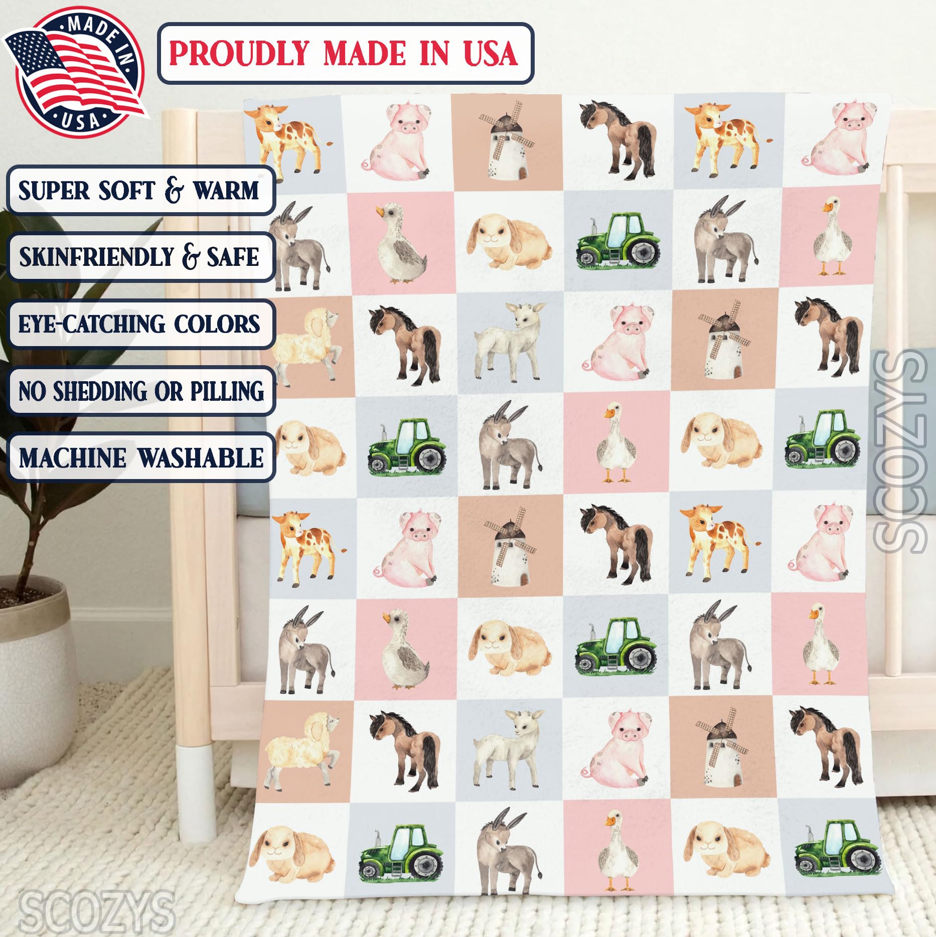 Farm Animals Blanket - Super Soft Plush Nursery Blanket for Baby & Kids with Cute Tractor, Cow, Pig & Duck Designs | Perfect for Cribs, Strollers & Toddler Bedtime