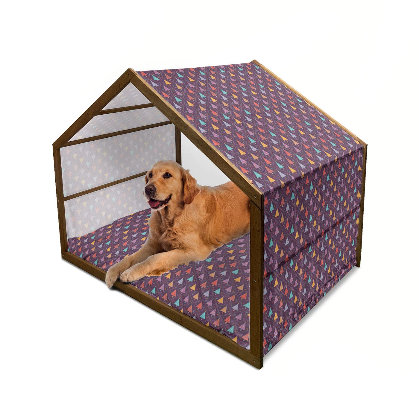 Ambesonne Christmas Wooden Dog House - Colorful Triangle Trees in Pots with Rhombus Patterns, Indoor & Outdoor Portable Pet Kennel with Pillow & Cover, 2X-Large, Multicolor - Perfect for Holiday Decor & Cozy Pet Shelter