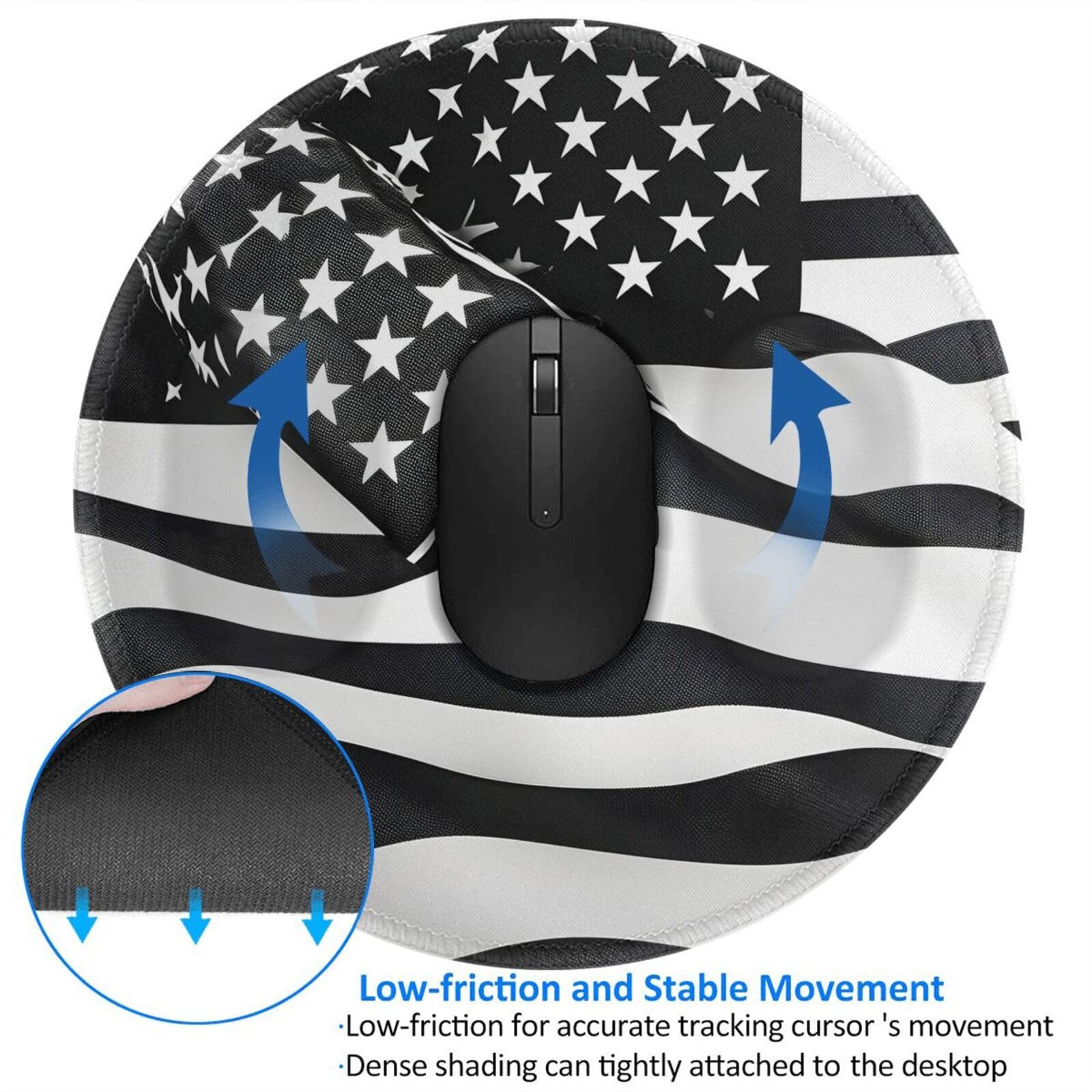 Black and White American Flag Round Mouse Pad - 8 Inch Non-Slip Gaming Mousepad for PC & Laptop - Durable Desk Accessory for Office, Home & Gaming Setup