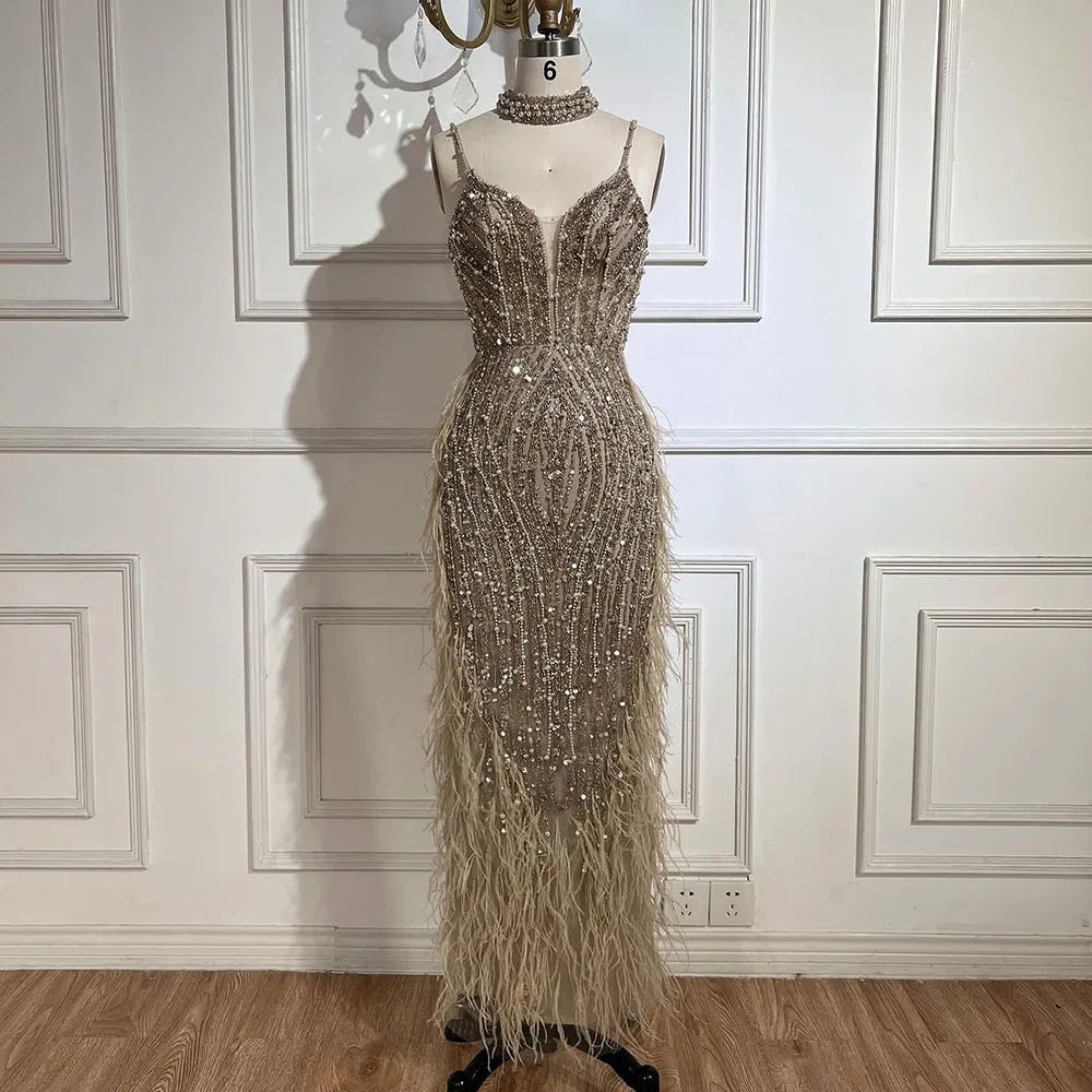 Elegant White Beaded Feather Mermaid Evening Gown with Spaghetti Straps - LA72047 for Prom, Wedding, and Formal Events