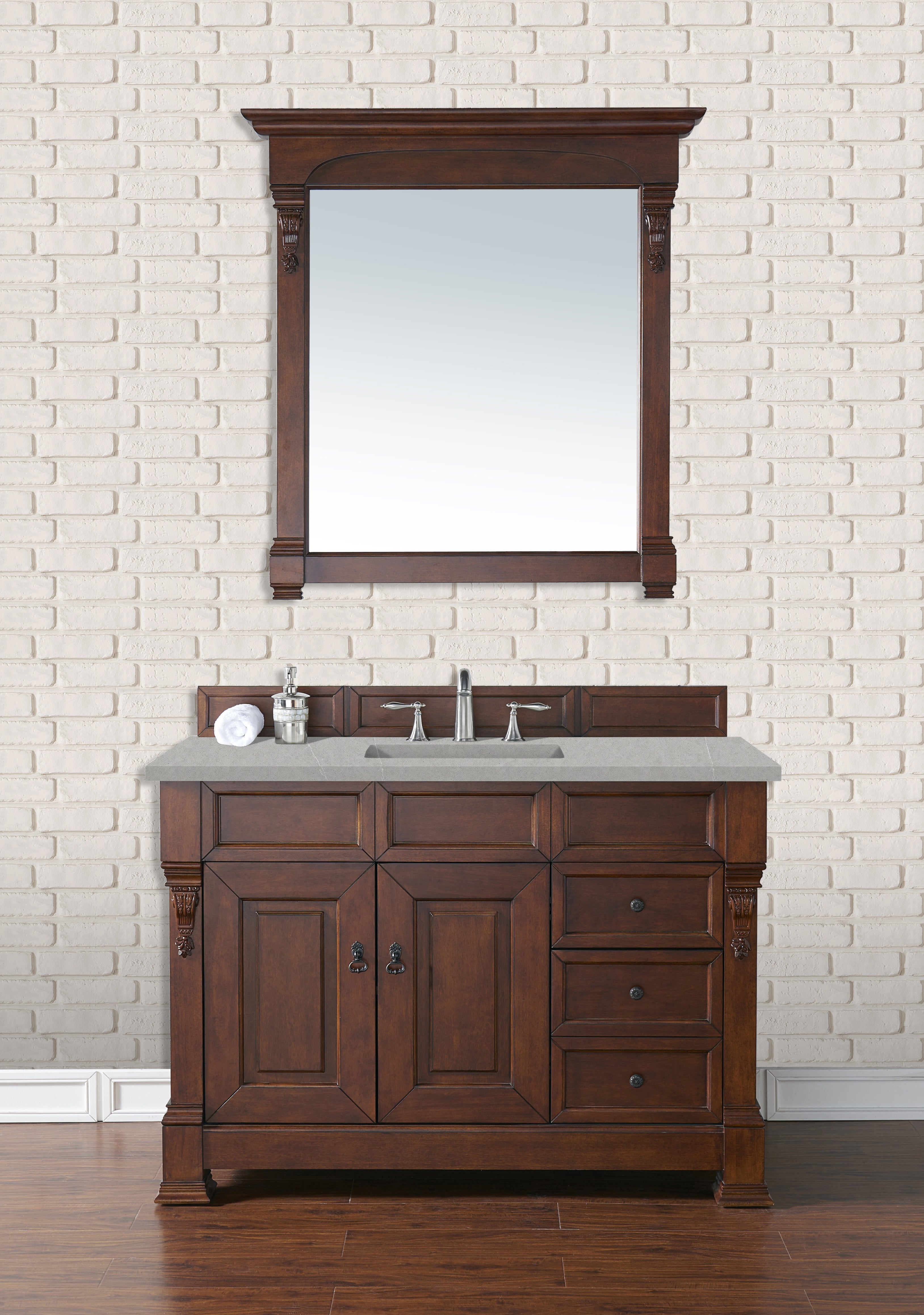 Brookfield 48 Inch Single Bathroom Vanity Set - Warm Cherry Finish with 3CM Eternal Serena Quartz Countertop | Perfect for Modern Bathroom Remodel & Small Space Design