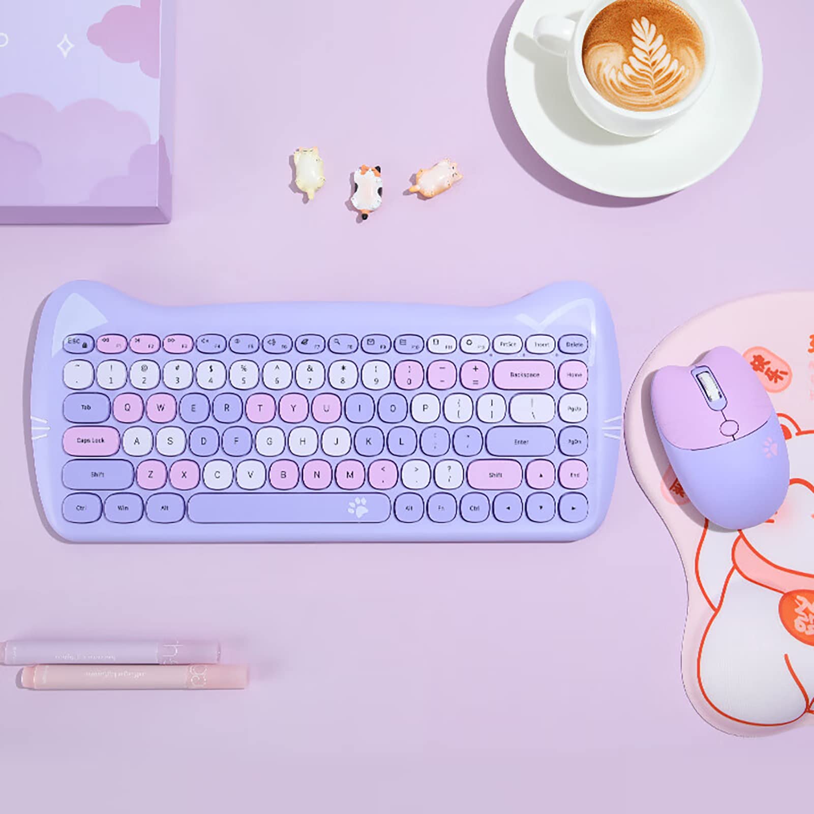 Cute Cat 2.4G USB Wireless Keyboard and Mouse Combo - Silent Keys, Ergonomic Design, Candy Colors (Purple-84Keys) - Compatible with Windows/Mac PC, Laptop - Perfect for Home Office, Gaming & Typing