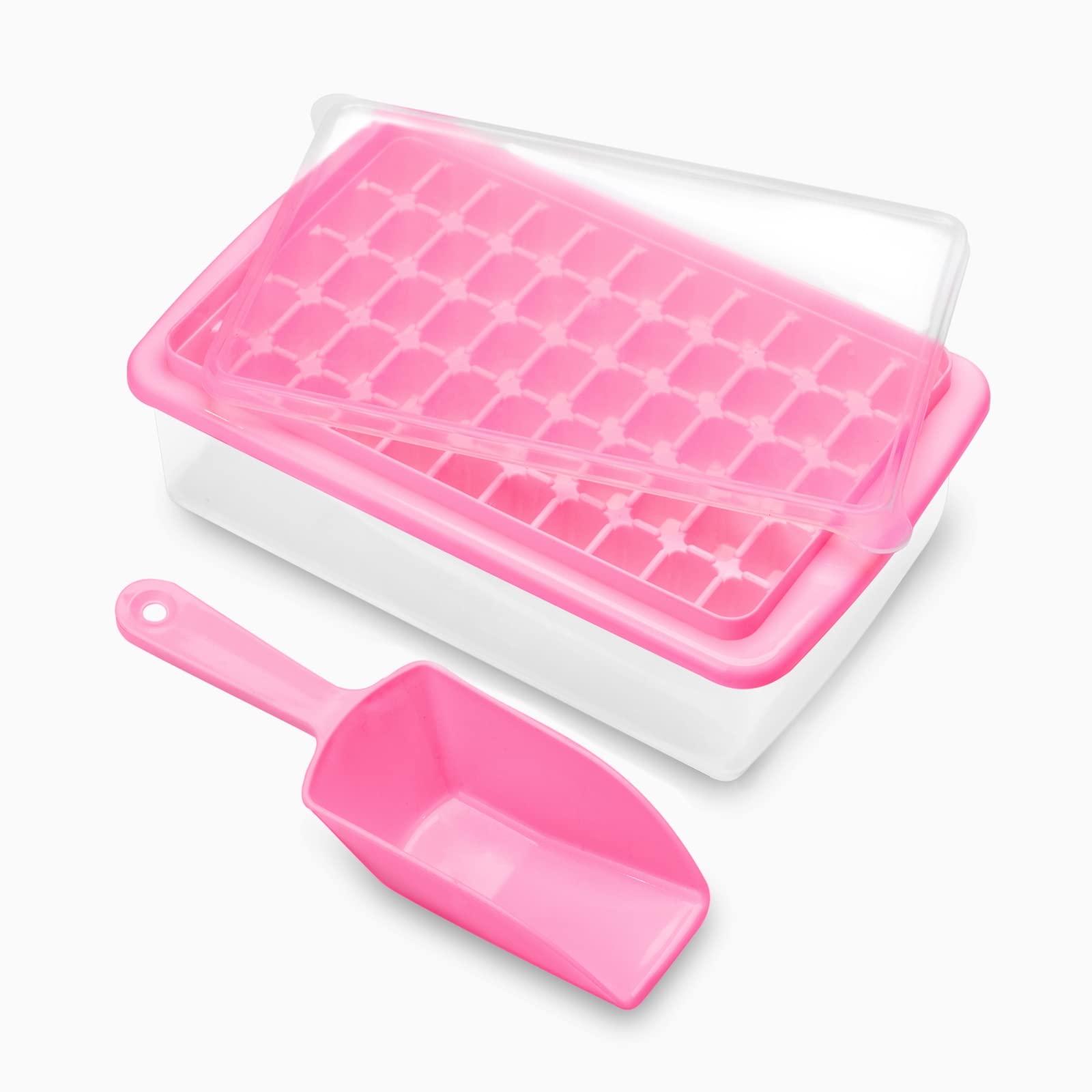 BPA-Free Ice Cube Tray with Lid & Storage Bin - 55 Large Ice Cube Molds for Freezer, Includes Scoop & Cover (Pink) - Perfect for Cocktails, Smoothies & Cold Drinks at Home or Parties