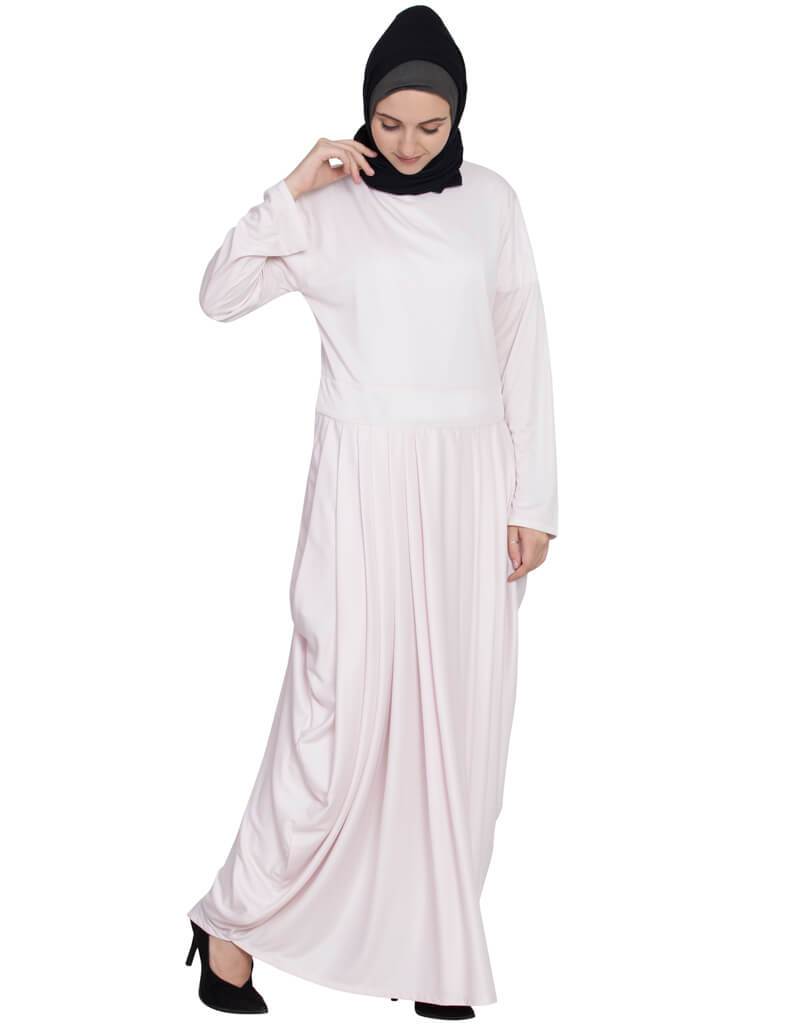 Elegant White Stretchable Abaya with Arabic Waist Pleating in Pink - Perfect for Prayer, Modest Fashion, and Special Occasions
