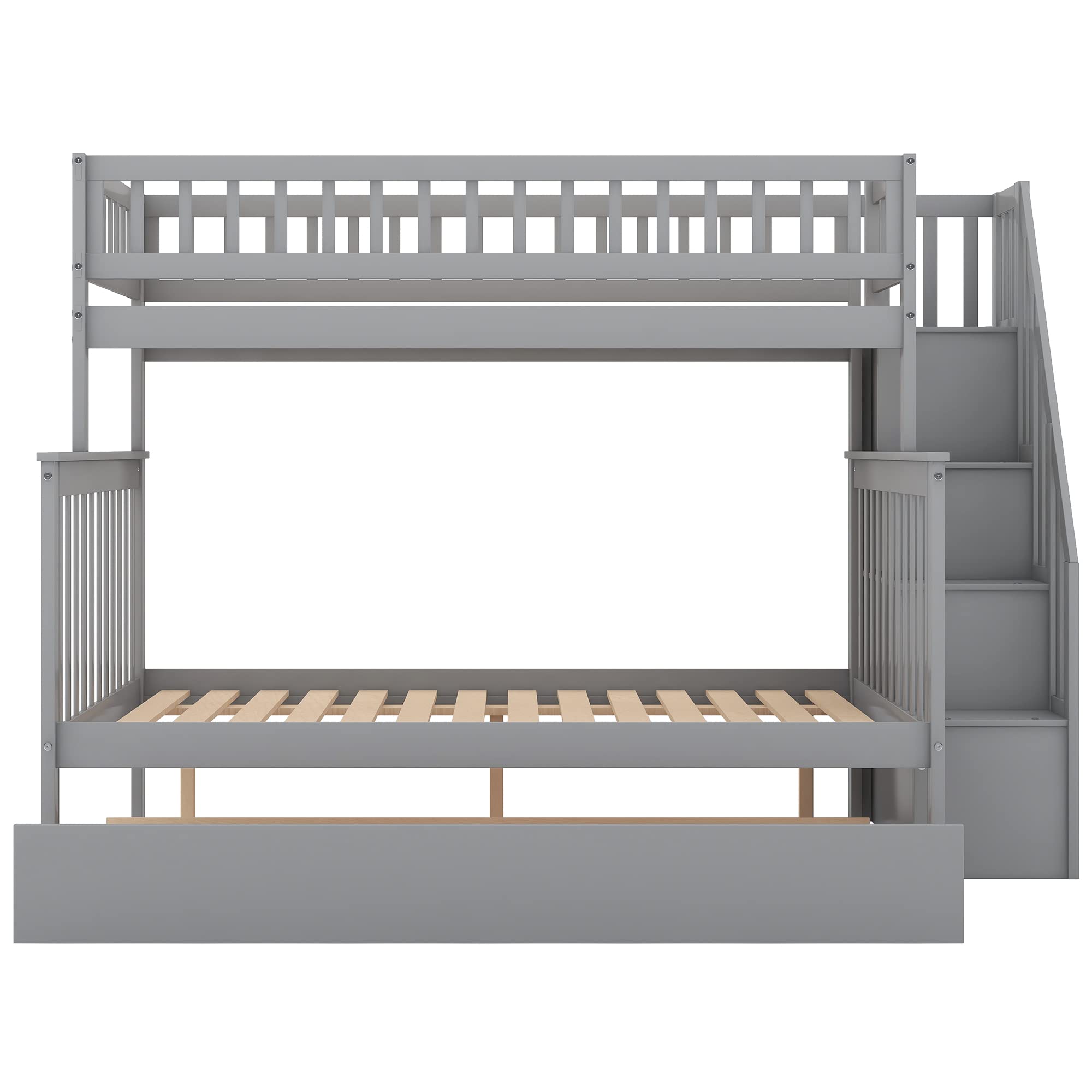 Harper & Bright Designs Twin Over Full Bunk Bed with Trundle, Stairs & Storage - Solid Wood Kids Bunk Bed with Full-Length Safety Rail - Space-Saving Solution for Small Bedrooms, Guest Rooms & Vacation Homes (Gray)