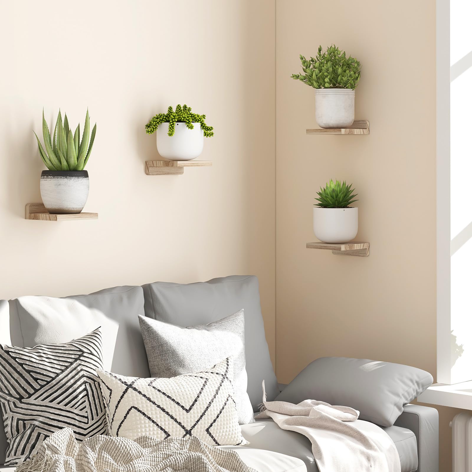 Fixwal Floating Shelves for Wall - Set of 4 Rustic Wood Wall Mounted Shelves 5x5 Inches, Carbonized Black - Perfect for Bedroom, Living Room, Kitchen & Bathroom Decor | Great for Displaying Plants, Photos, Books & Small Decorative Items