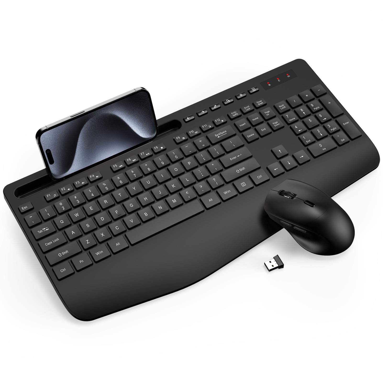 Ergonomic Wireless Keyboard and Mouse Combo - Full-Sized 2.4GHz Cordless Keyboard with Wrist Rest & Phone Holder | Silent Click for Office, Gaming & Home Use | Compatible with PC, Laptop, Mac, Windows | Perfect for Work, Study & Entertainment