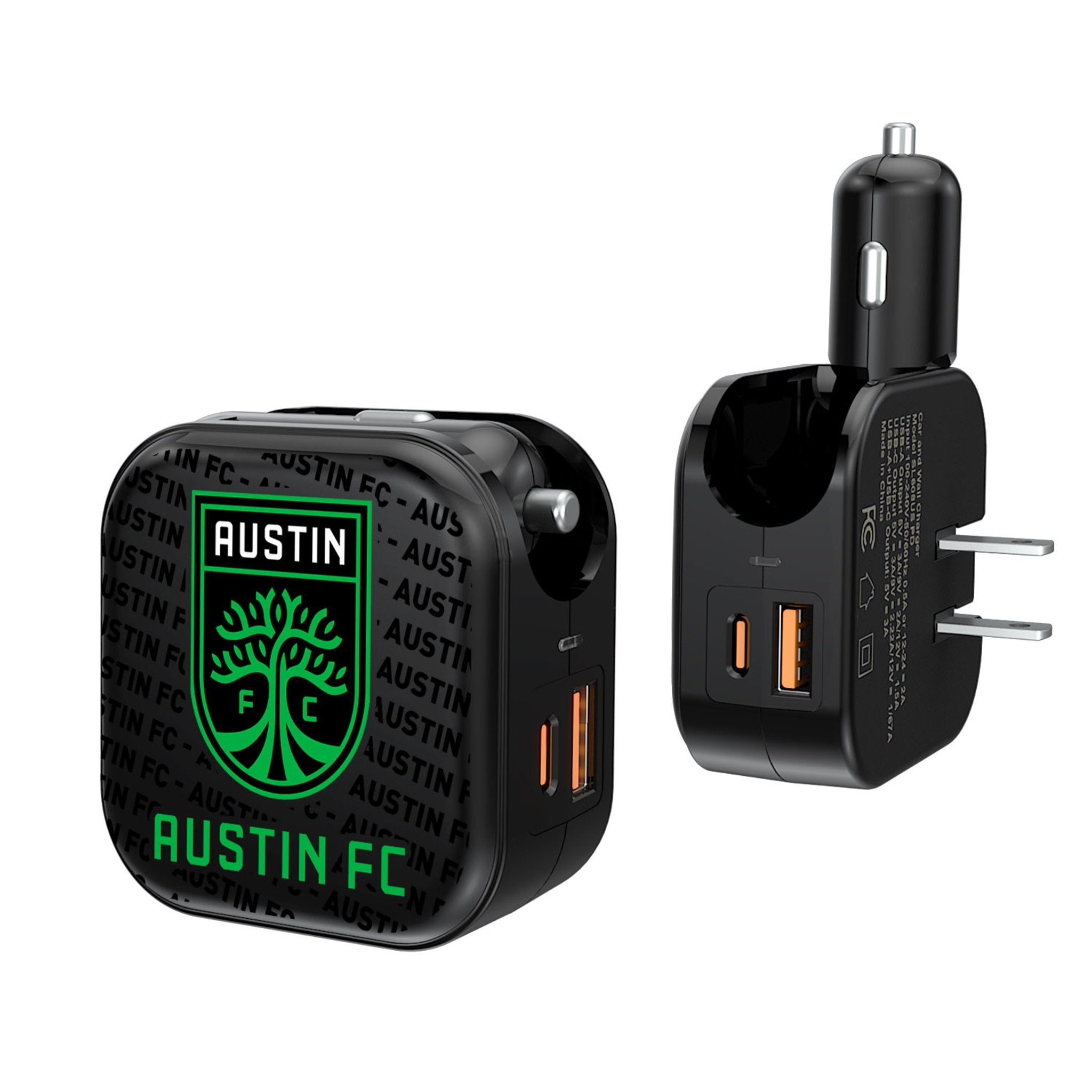 Austin FC 2-in-1 USB A/C Fast Charger with Text Backdrop - Perfect for Home, Office & Travel Charging Needs