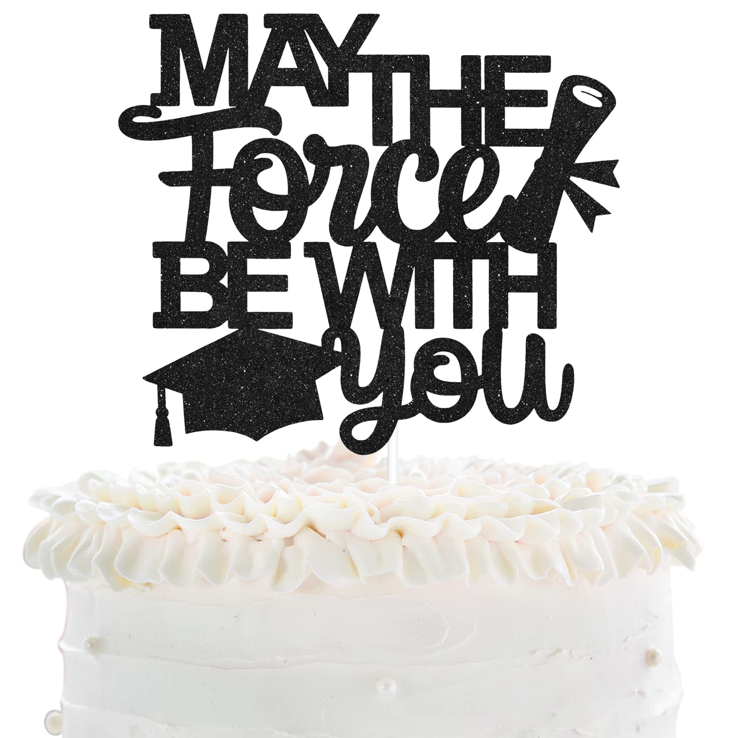 2024 Graduation Cake Topper - Star Wars Inspired 'May The Force Be With You' Green Glitter Decor - Perfect for Class of 2024 Grad Parties, Ceremonies & Celebrations