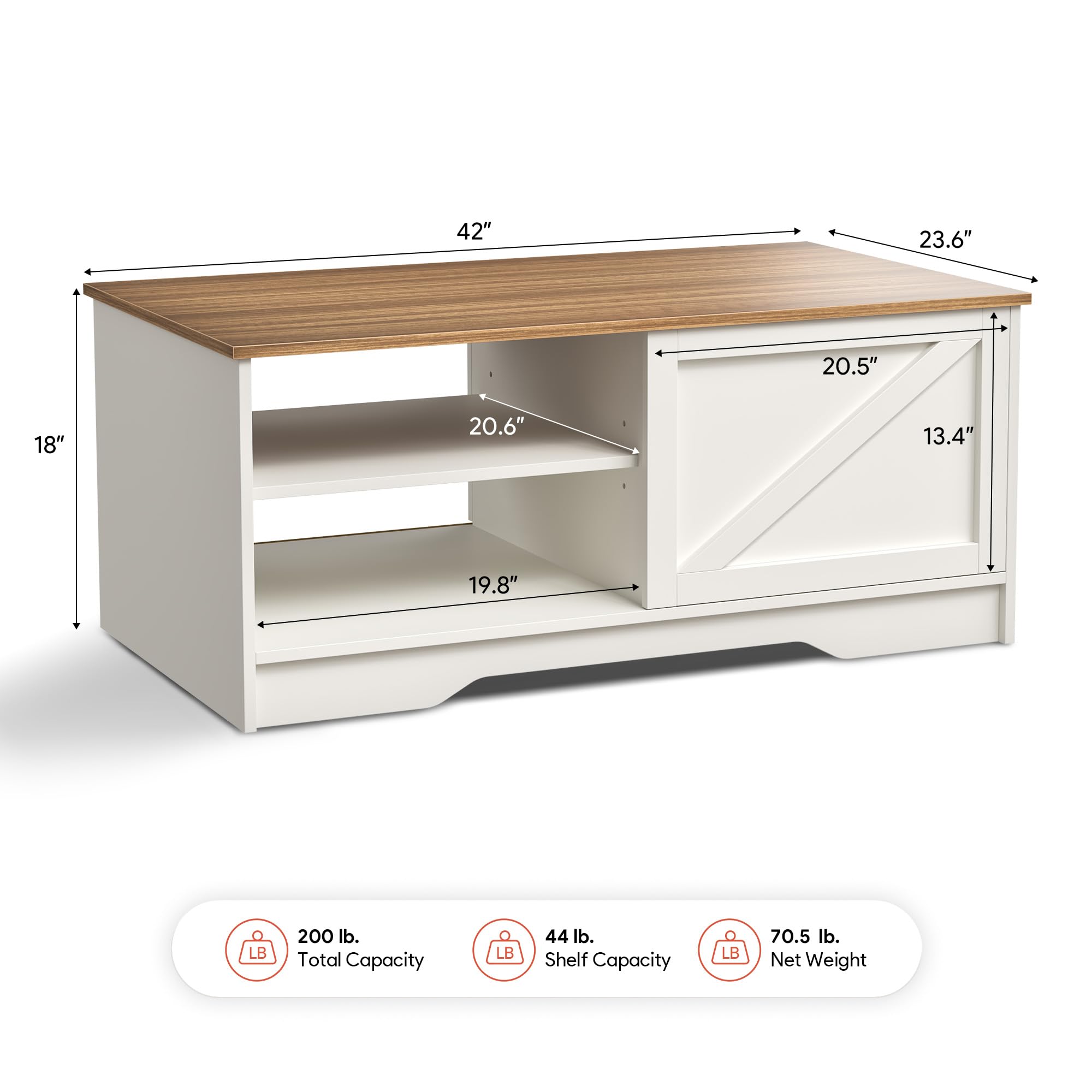 Rustic Farmhouse Coffee Table with Barn Doors - White & Walnut Finish - 42 Inch Modern Center Table with Cabinet & Adjustable Shelf - Perfect for Living Room, Office, or Farmhouse Decor - Durable & Stylish Home Furniture