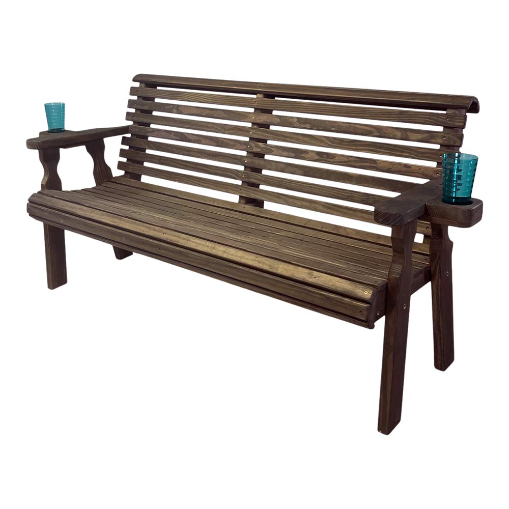 Amish Heavy Duty 4ft Outdoor Garden Bench with Cup Holders - Pressure Treated Dark Walnut Roll Back Design, 700lb Capacity - Perfect for Patio, Deck, Backyard & Garden Seating