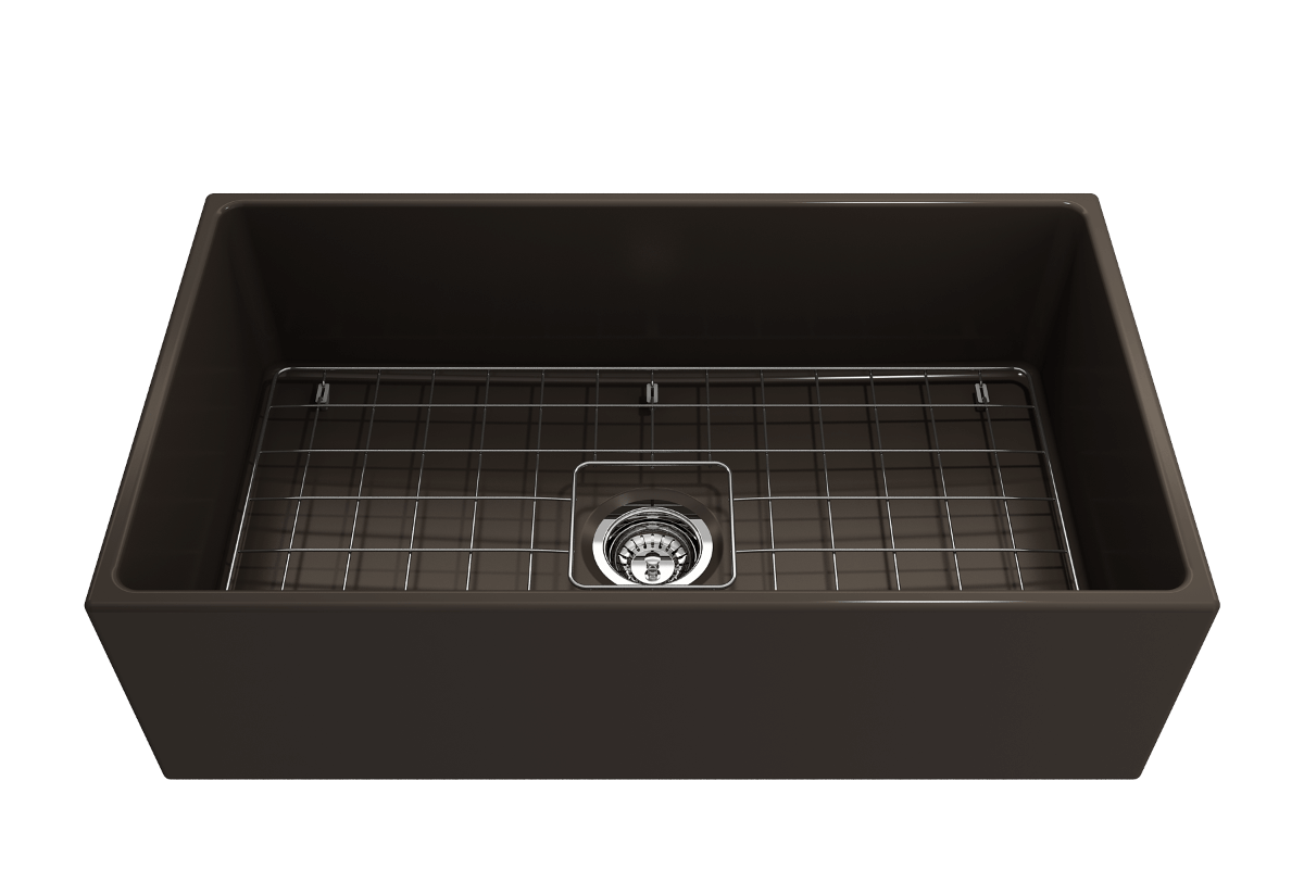 BOCCHI CONTEMPO 33 Inch Fireclay Farmhouse Single Bowl Kitchen Sink with Protective Bottom Grid & Strainer - Perfect for Modern Farmhouse, Rustic, and Traditional Kitchen Designs