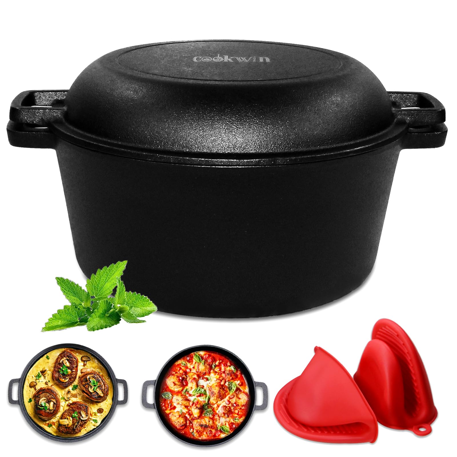 2-in-1 Pre-Seasoned Cast Iron Dutch Oven with Lid - 5.5 Quart Enameled Cookware Set for Camping, Lodge & RV - Perfect for Stews, Baking Bread & Outdoor Cooking