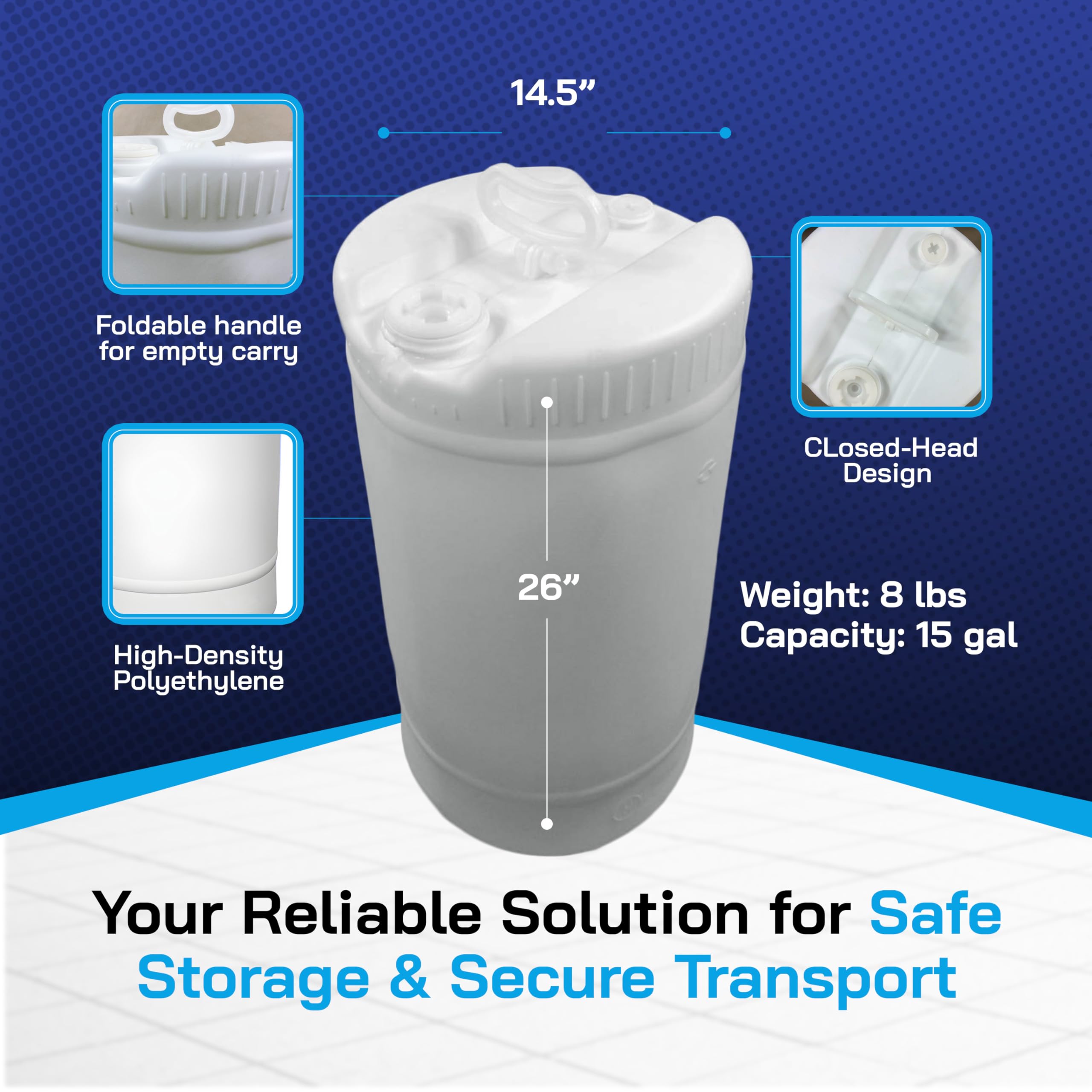 15 Gallon UN Rated Closed-Head Poly Drum with Screw Cap - Heavy Duty Plastic Barrel for Industrial, Commercial & International Shipping - Ideal for Chemical Storage, Liquid Transport and Warehouse Organization