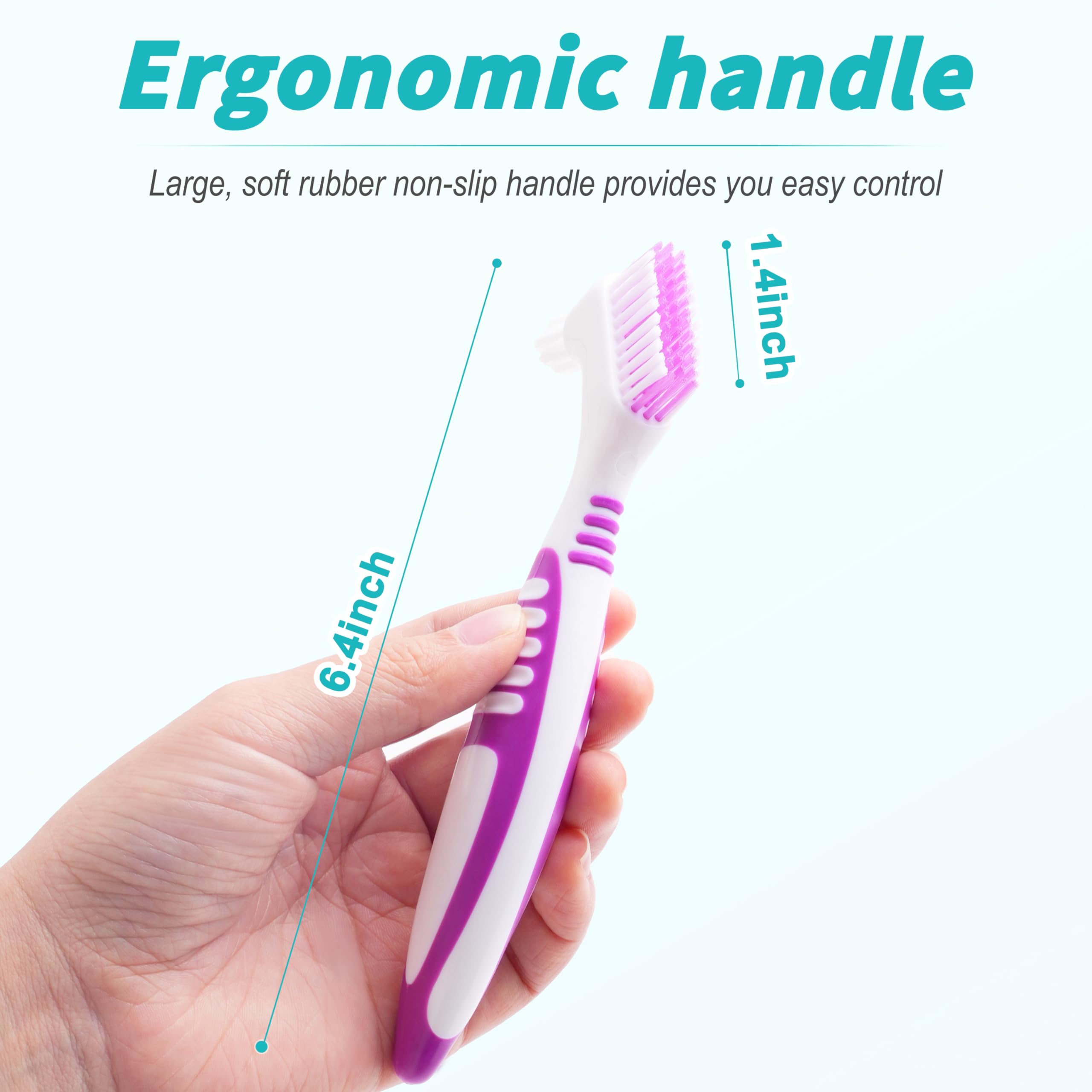 6 Pcs Denture Brush Set for False Teeth Cleaning - Double Sided Design with Multi-Layered Soft Bristles & Anti-Slip Rubber Handle (4 Colors) - Perfect for Denture Care at Home or Travel
