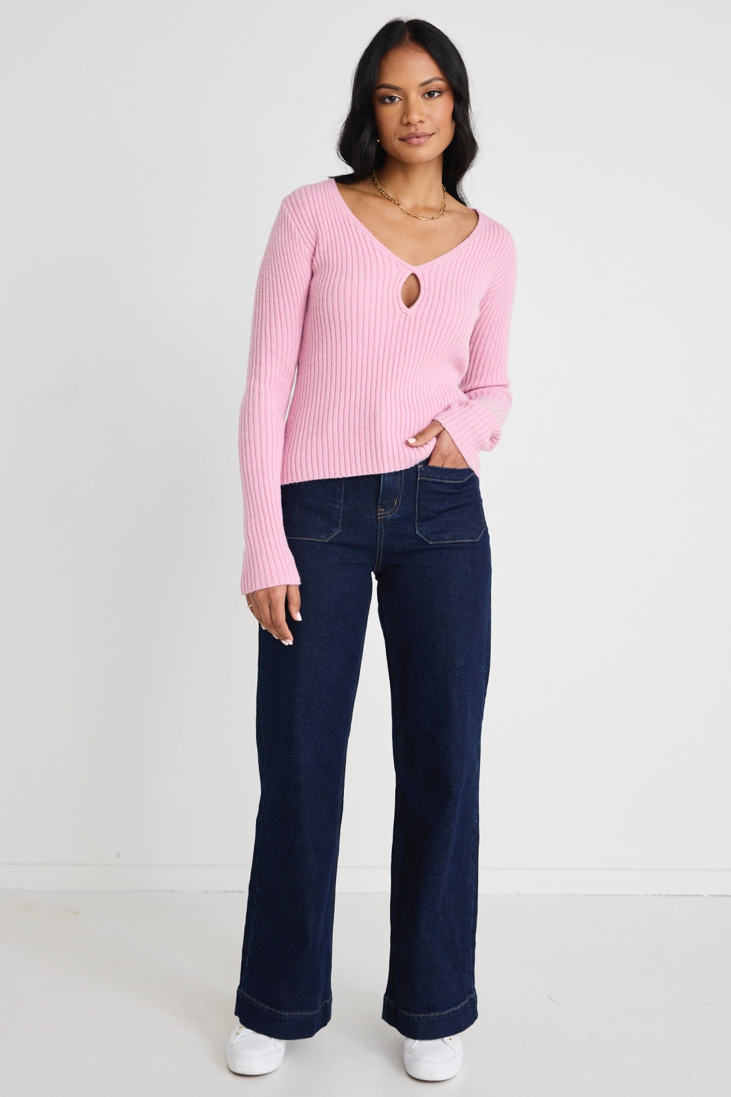 Apollo Candyfloss Long Sleeve Rib Knit Split Front Top for Women - Soft & Stylish Casual Wear for Fall & Winter