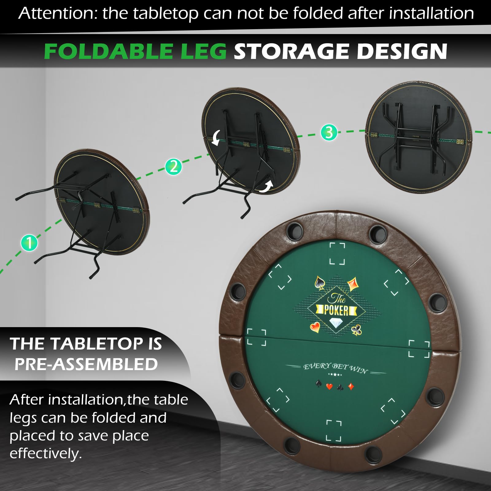 Foldable Round Poker Table for 8 Players - Casino Style Card Game Table with Stainless Steel Cup Holders & Padded Rails - Portable Texas Holdem & Blackjack Table (Brown) | Perfect for Home Game Nights, Poker Parties & Casino-Themed Events