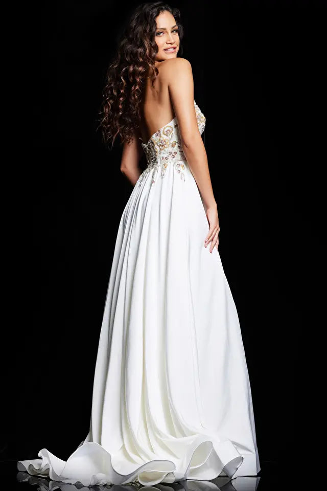 Elegant Off White Strapless High Slit Evening Gown by Jovani | Dakota Style 23937 | Perfect for Prom, Red Carpet & Formal Events