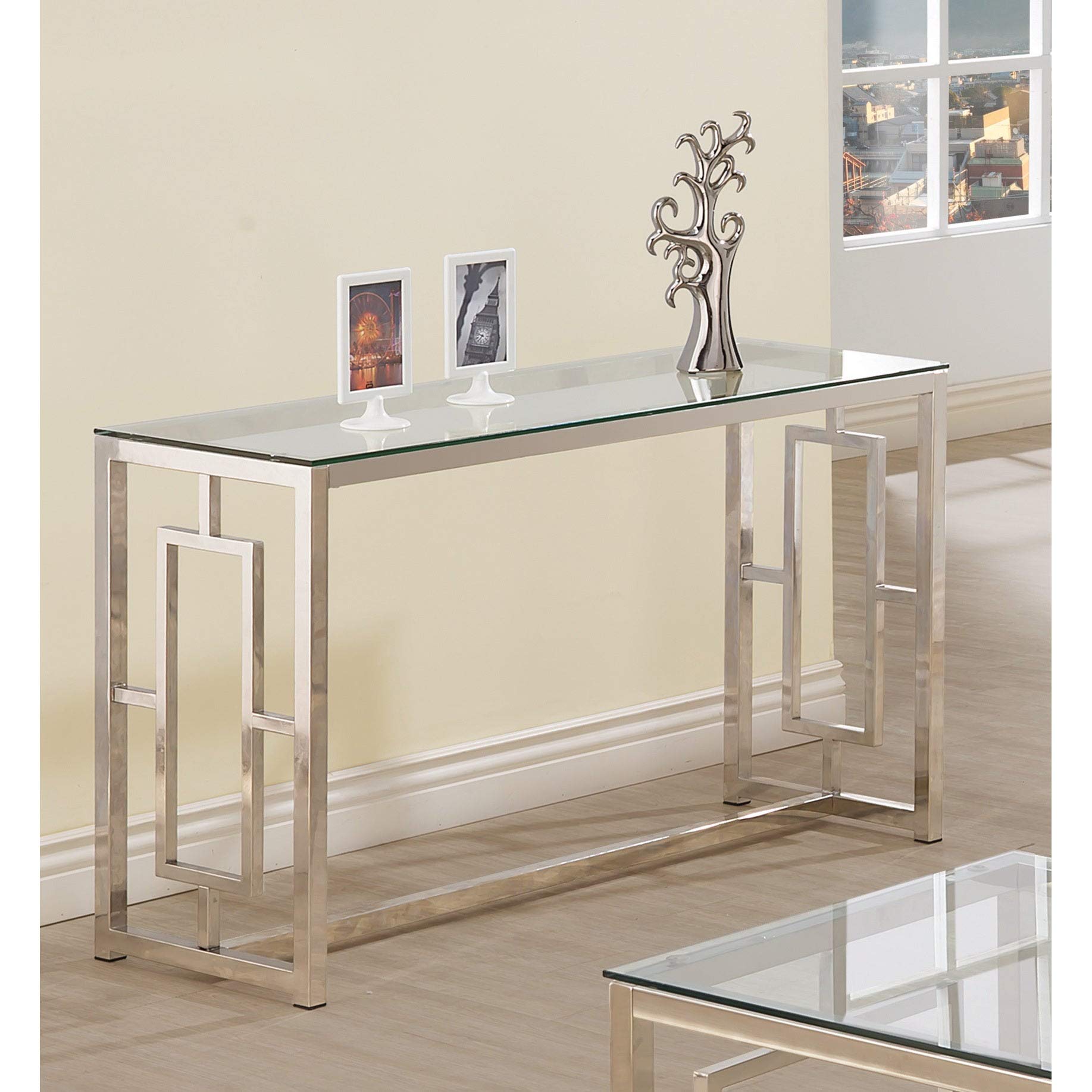 Modern Silver Glass & Satin Metal Sofa Table - Contemporary Rectangle Coffee Table for Living Room, Lounge & Office Decor