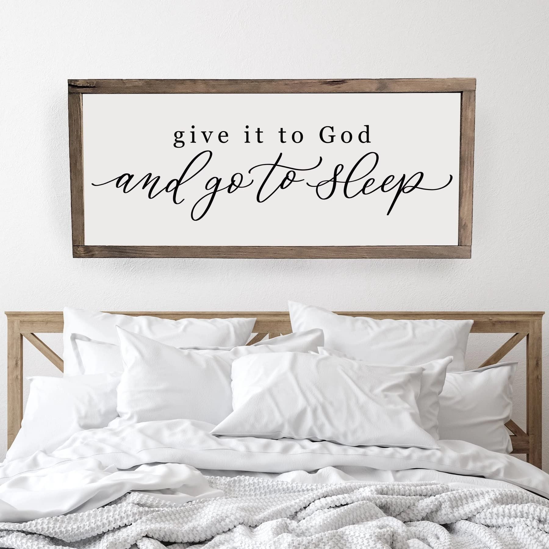 Give it to God and Go to Sleep 40x18 - Rustic Farmhouse Christian Wall Art Sign, Religious Bedroom Decor, Framed Scripture Art in Walnut - Perfect for Farmhouse Style Bedrooms, Prayer Rooms & Spiritual Home Decor