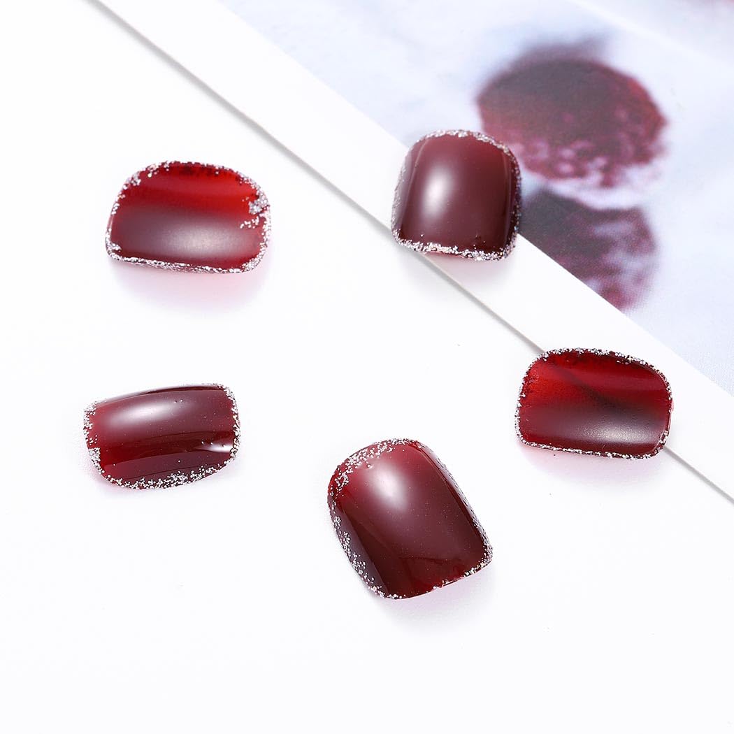 Short Press On Nails Red Square Fake Nails with Glitter & Glossy Finish - Shimmer Acrylic Artificial Nails for Women & Girls (24Pcs) - Perfect for Daily Wear, Parties, and Special Occasions