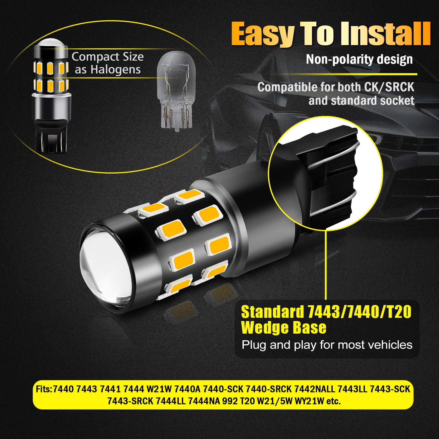 7443 LED Bulbs - Super Bright 24-SMD 9-30V Non-Polarity 7440 7441 7444 T20 992 W21W LED Bulbs with Projector - Amber Yellow Turn Signal & Side Marker Lights - Pack of 2 - Perfect for Cars, Trucks, SUVs & Motorcycles