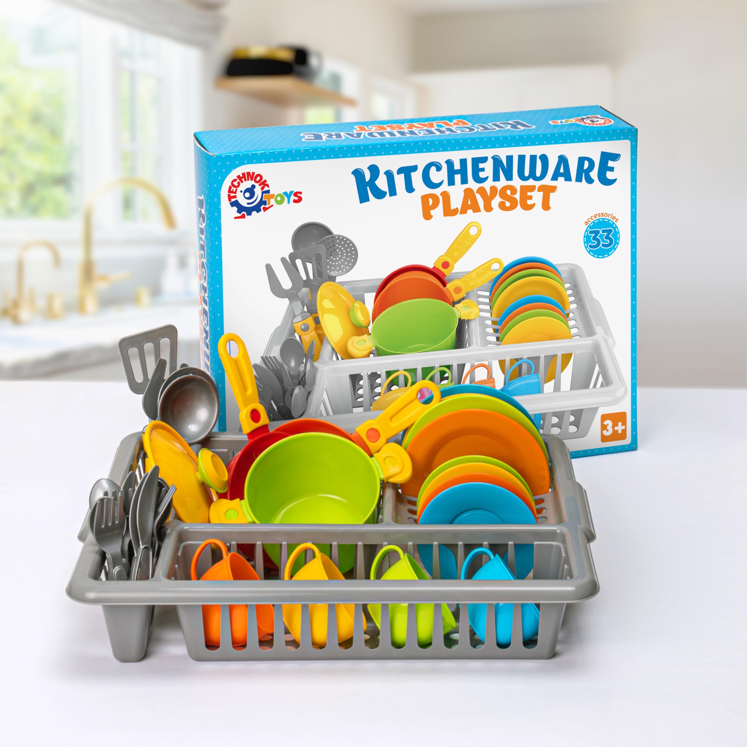 **Kids Pretend Play Kitchen Dishes Set - 33 Pcs Colorful Toy Cookware with Drainer | Durable Plastic Tableware for Kids | Perfect for Role Play, Learning & Imaginative Fun**