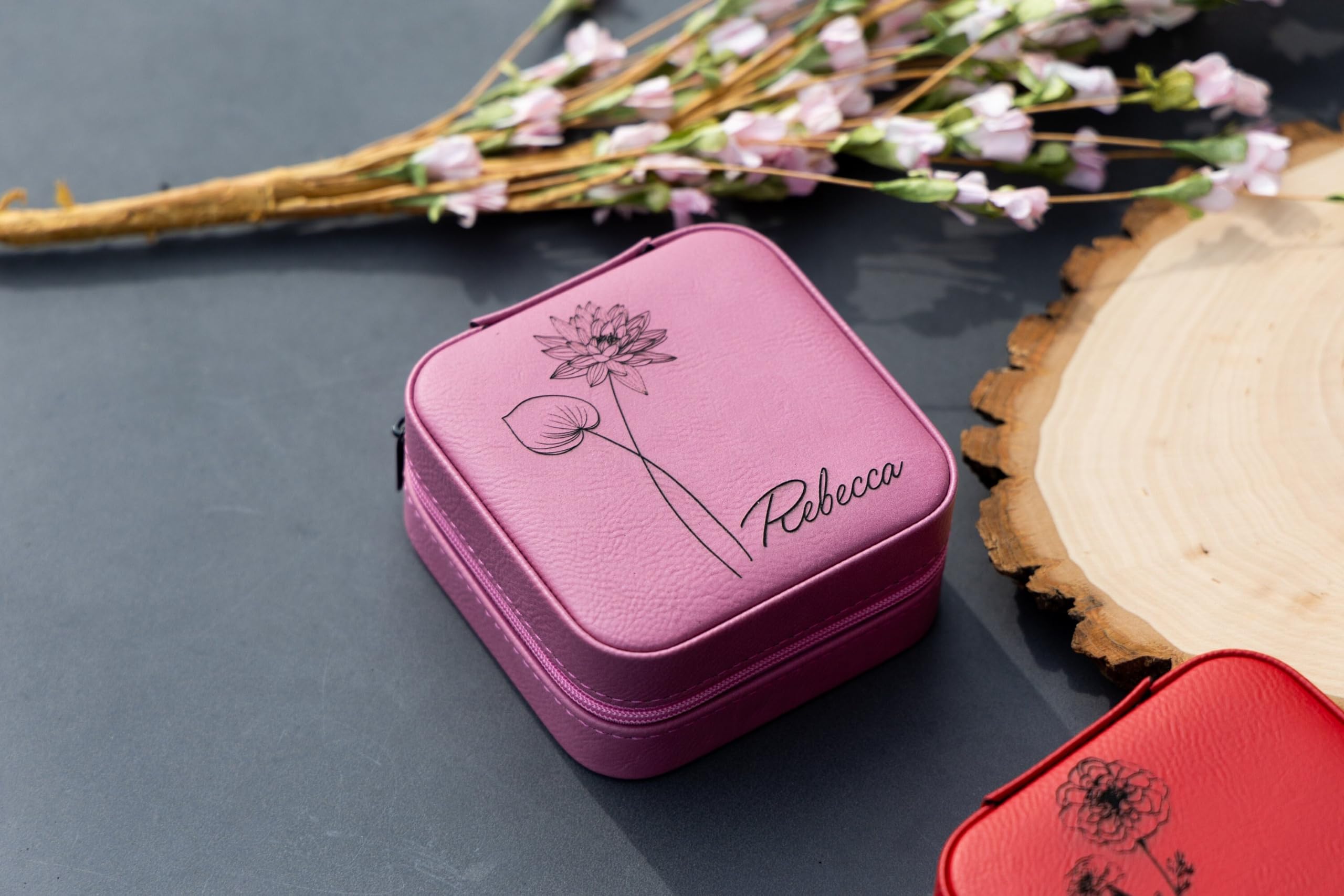 Personalized Birth Month Flower Jewelry Travel Box - Vegan Leather Custom Jewelry Case with Floral Design | Perfect Valentine's Gift for Women, Travel Jewelry Organizer for Necklaces & Rings