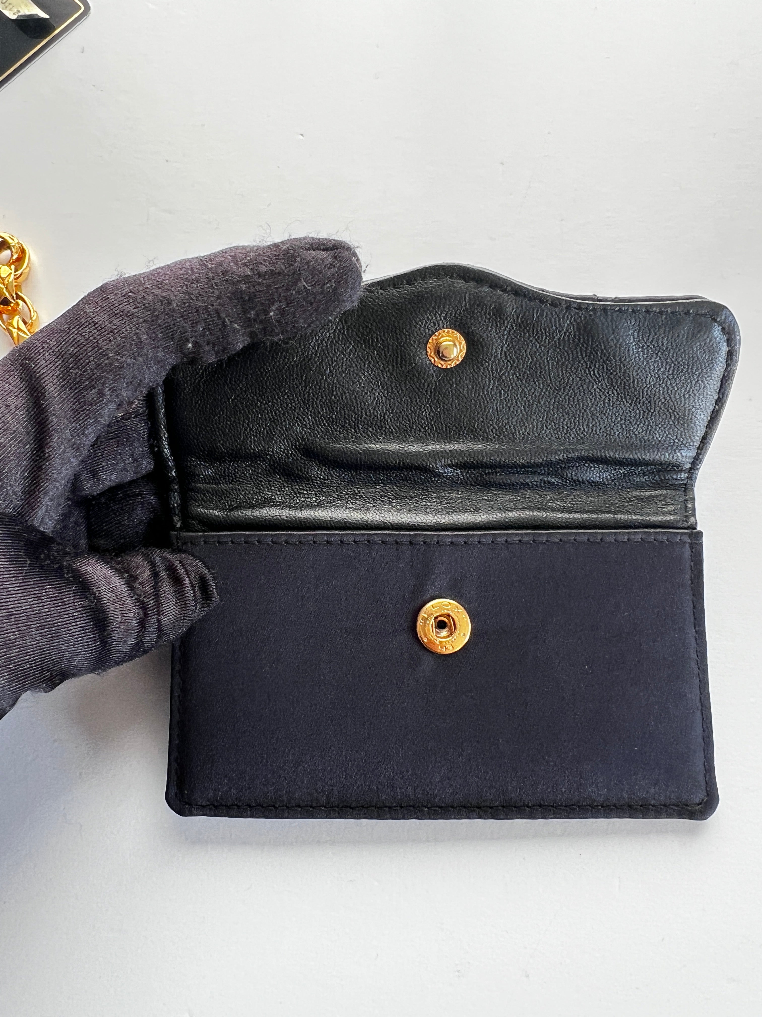 Vintage Chanel Satin & Leather Flap Bag with Card Holder - Luxury Designer Crossbody Purse for Women, Perfect for Evening Parties & Special Occasions