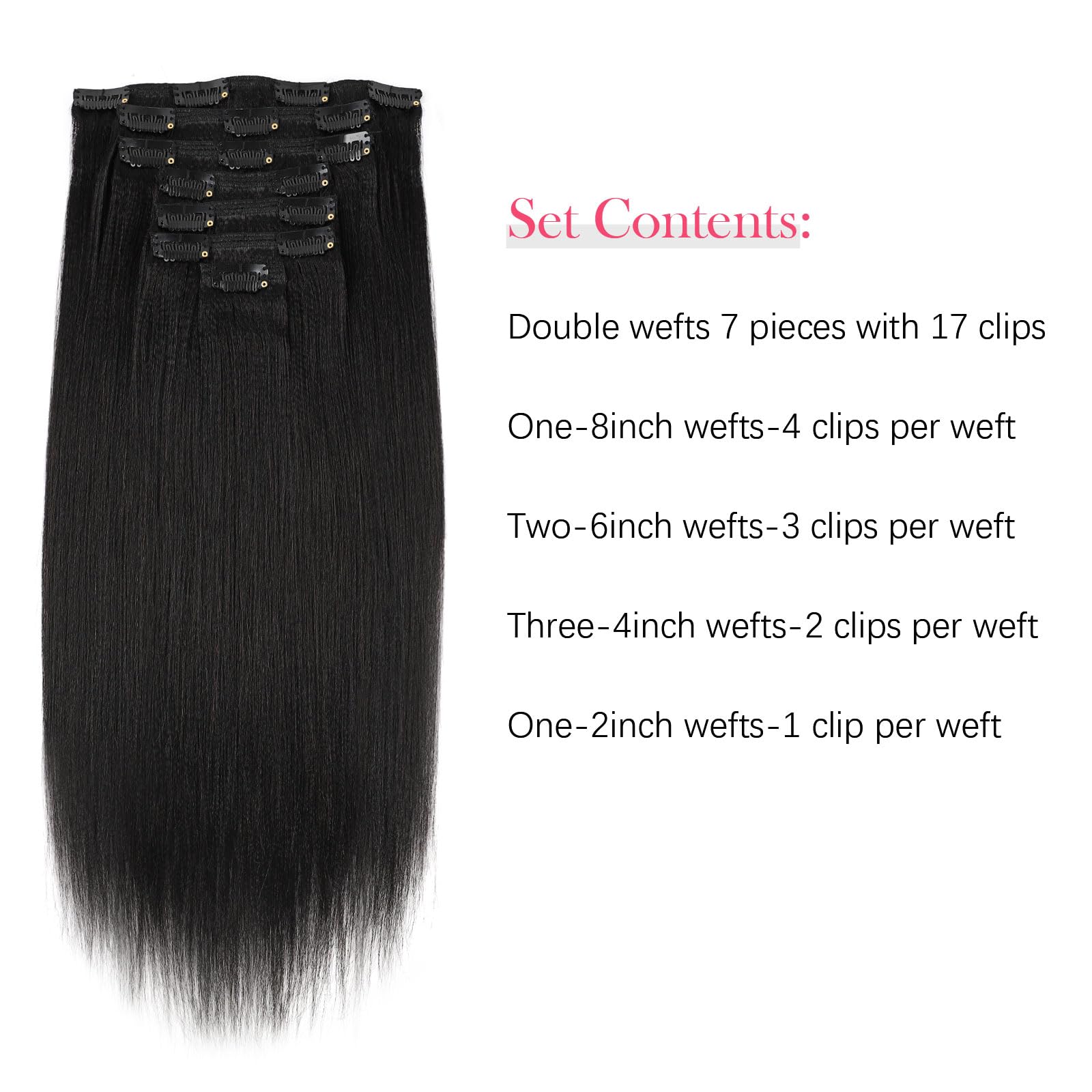 22 Inch Clip-in Human Hair Extensions - Yaki Straight Style, Natural Color, Remy Unprocessed Soft Hair Extensions for Black Women (7 Pieces, 17 Clips, 120g) - Perfect for Daily Styling, Parties & Special Occasions