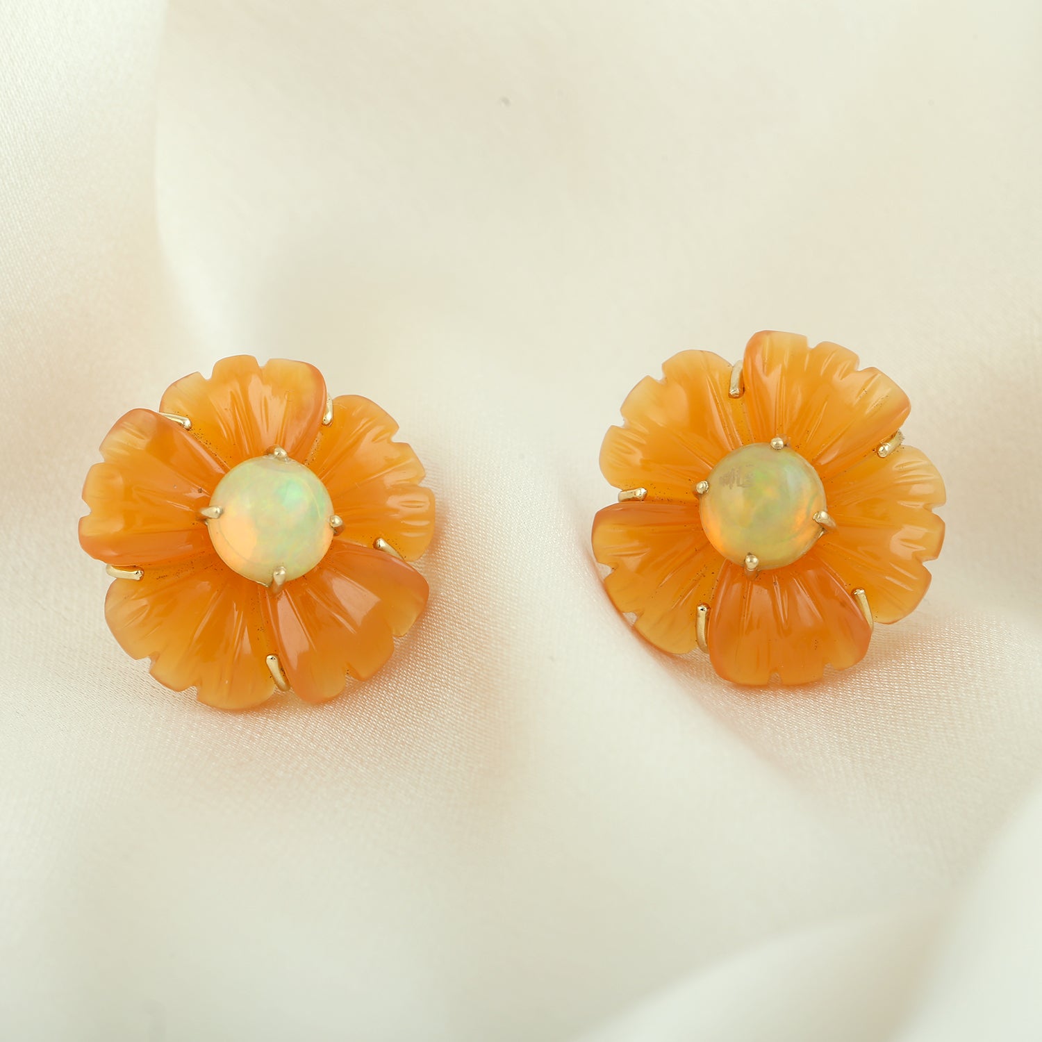 18K Yellow Gold Ethiopian Opal Flower Earrings - Handcrafted Mix Stone Round Gemstone Jewelry for Women | Perfect for Weddings, Parties & Special Occasions