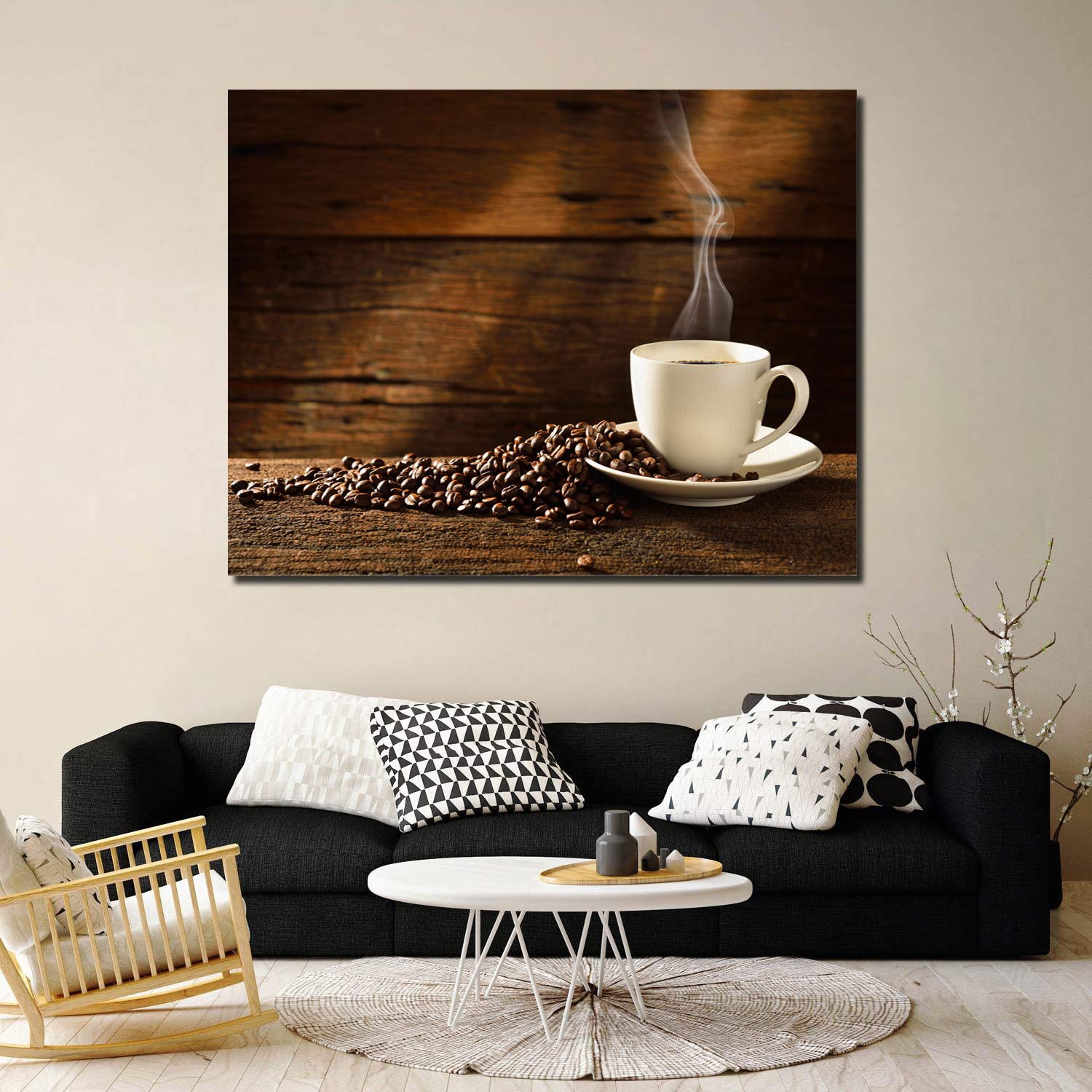 Coffee Cup & Beans Canvas Wall Art - 24x36 Inch Modern Gallery Wrapped Framed Print - Ready to Hang Home & Office Decor - Perfect for Kitchen, Cafe, Living Room & Bedroom