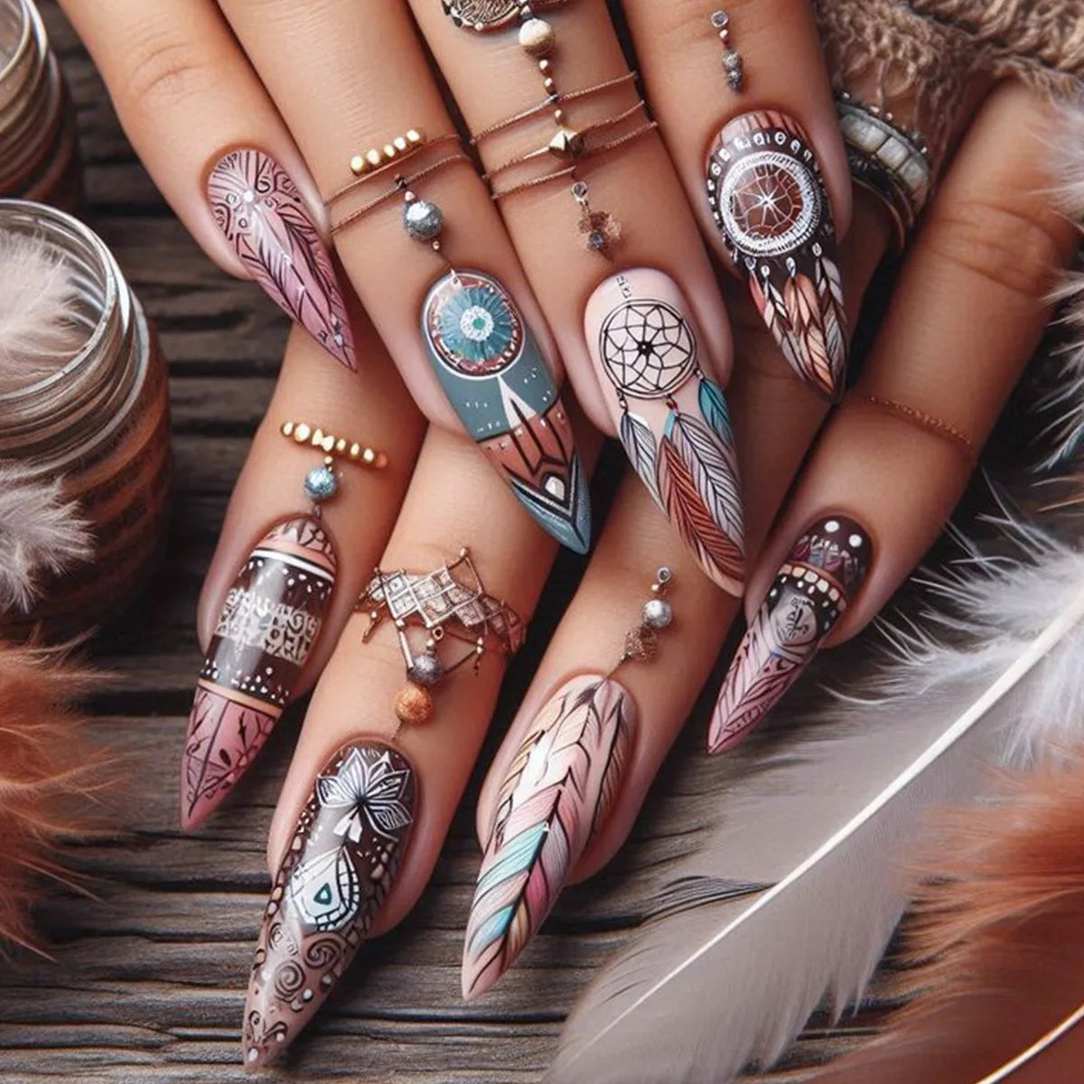 24Pcs Retro French Fake Nails with Moon Leaves Design - Glitter False Nails Mid Length Almond Shape - Reusable Press on Nails for Women - Perfect for Parties, Weddings & Special Occasions