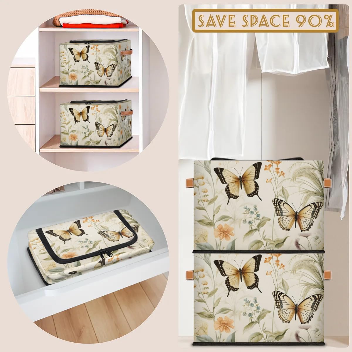 Yellow Butterfly Storage Boxes with Sturdy Handles - 2 Pack Zippered Storage Bins for Clothes, Toys & Home Organization - Perfect for Bedroom, Closet & Kids Room Storage Solutions