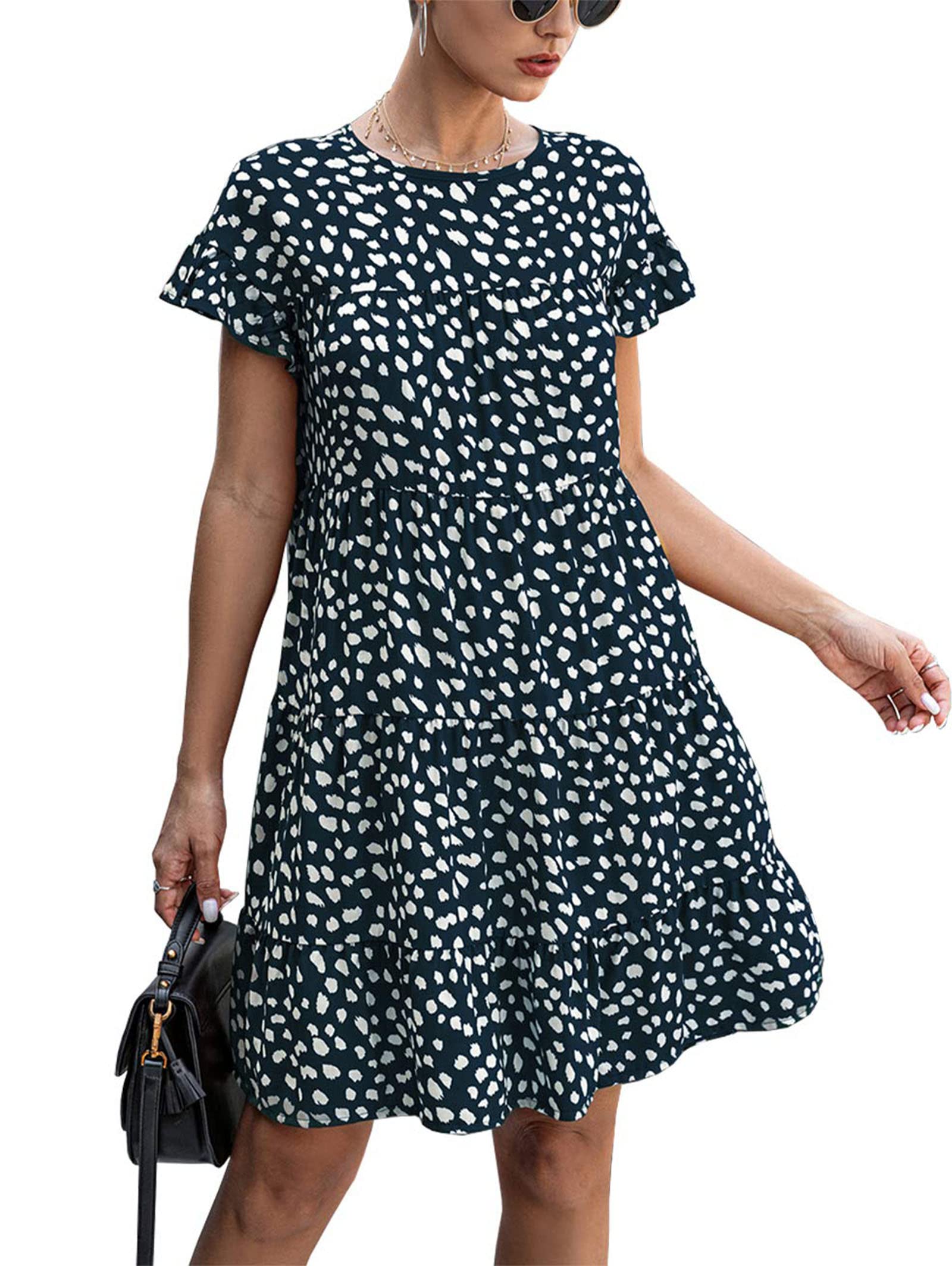 KIRUNDO Women's Ruffle Short Sleeve Leopard Print Floral Dress - Loose Pleated Mini Dress with Round Neck for Casual Outings, Summer Parties & Date Nights