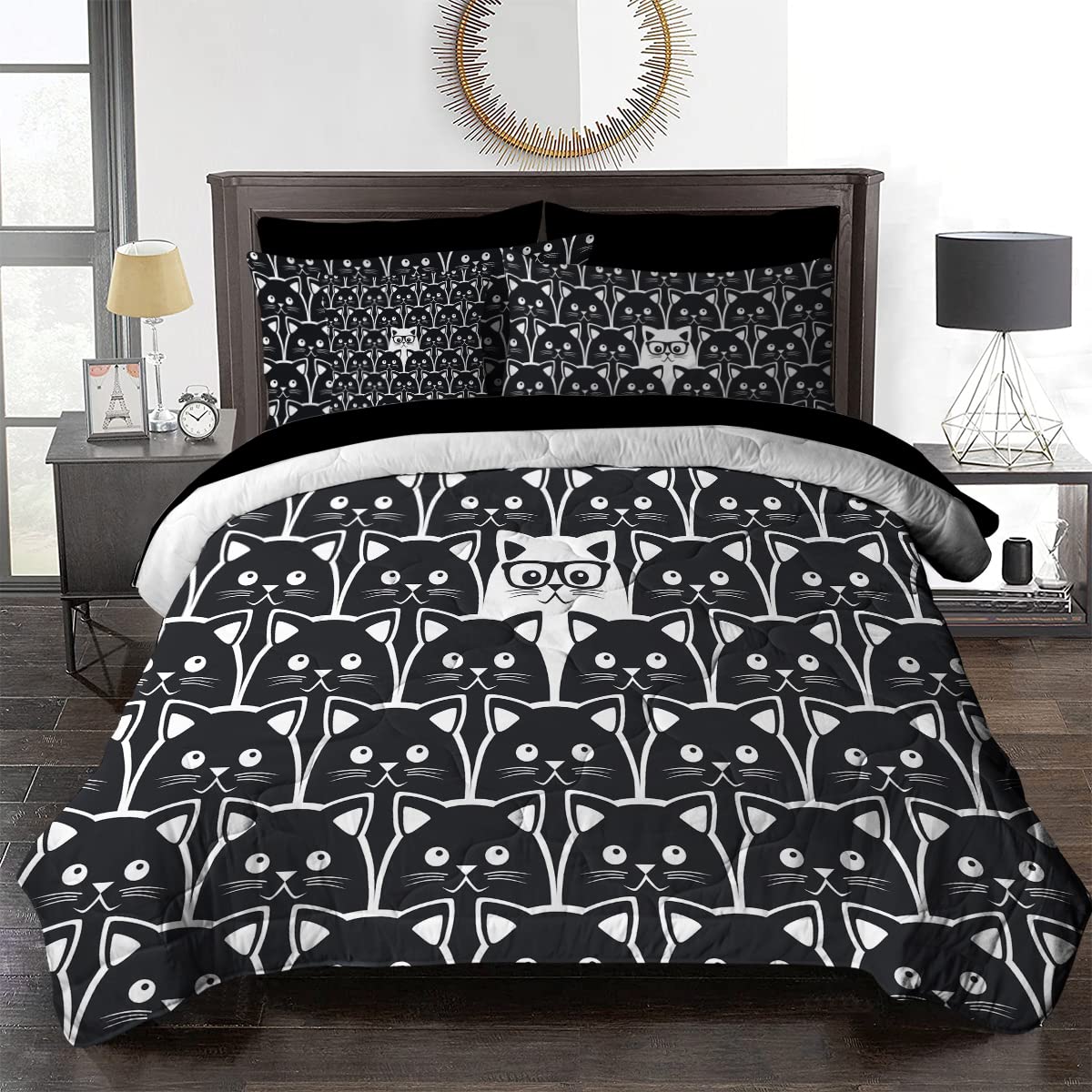 BlessLiving 8-Piece Boys Cat Themed Bedding Set Queen Size - Black & White Cartoon Animal Print Comforter, Sham, Sheets & Pillowcases for Kids Room Decor | Perfect for Boys Bedroom, Dorm, Sleepovers & Gift Giving