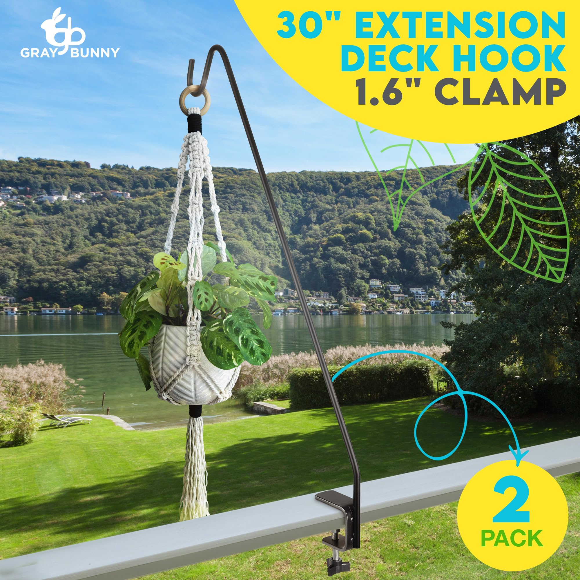 **Gray Bunny Deck Hook 2 Pack - 30 Inch Bird Feeder Pole with Non-Slip Clamp - Perfect for Railings, Feeders, Planters, Suet Baskets, Lanterns & Wind Chimes - Outdoor Garden & Patio Decor**
