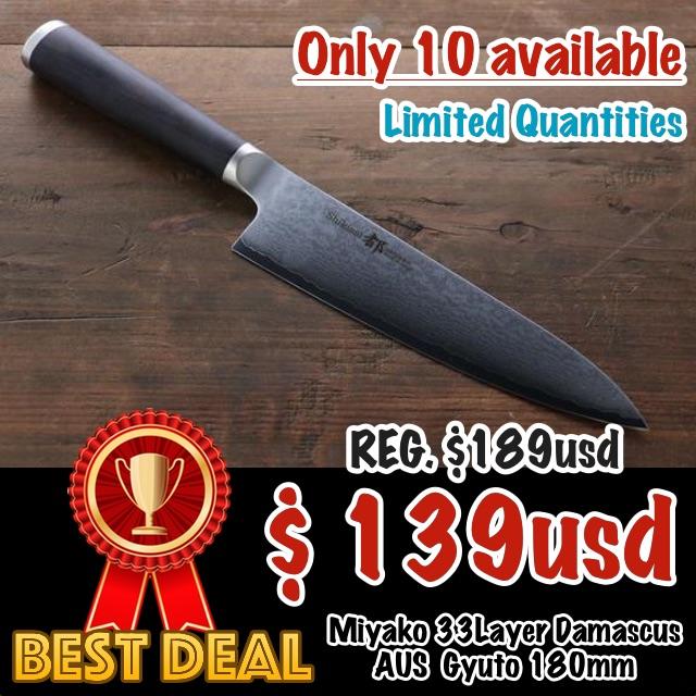 Premium Miyako AUS8 33-Layer Damascus Gyuto Chef Knife 180mm - Japanese Kitchen Knife for Professional Chefs & Home Cooking, Perfect for Slicing, Dicing & Meat Cutting