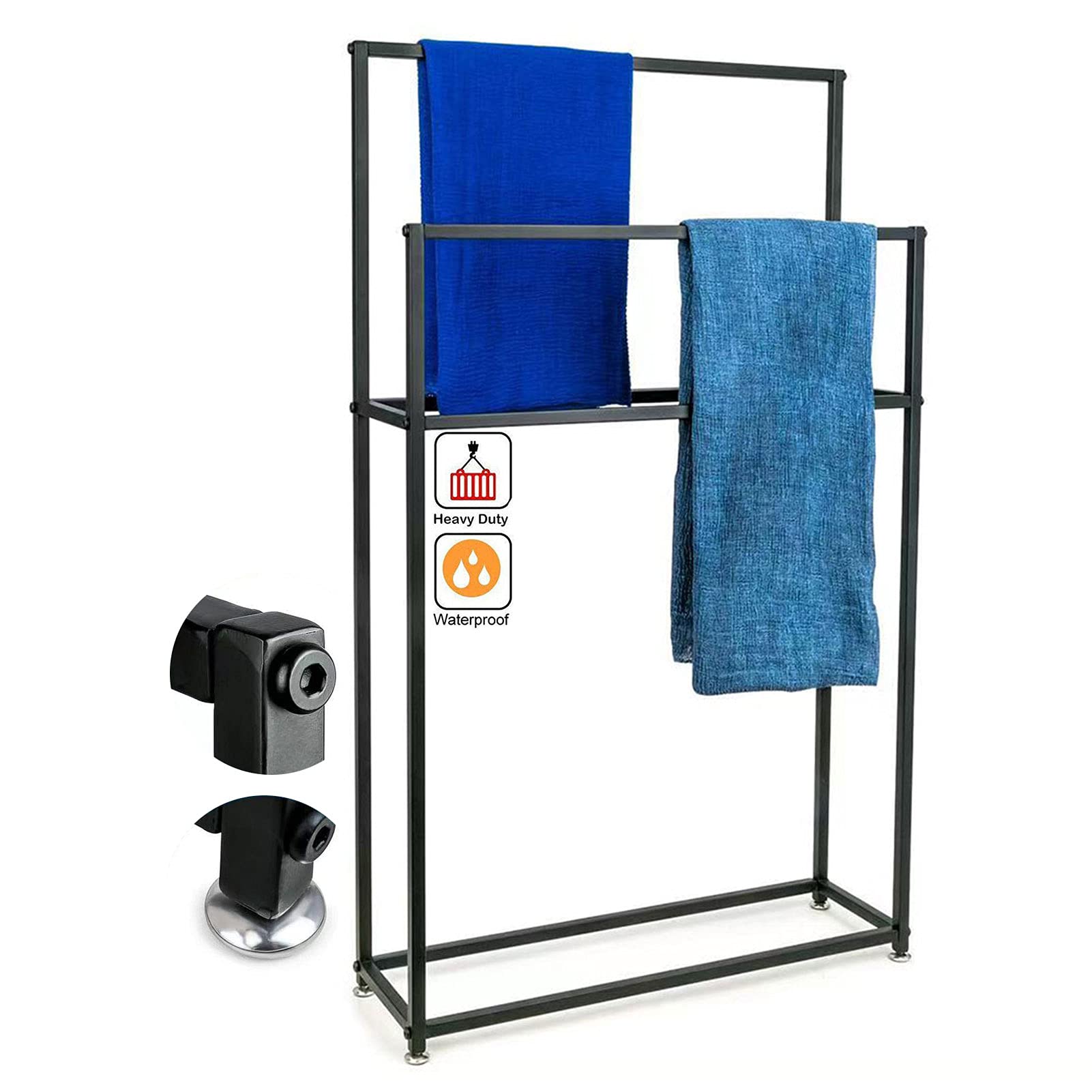Premium Black Metal Floor Standing Bathroom Towel Rack - 4-Tier Tall Towel Holder Stand (65×20×110cm) for Bathrooms, Hot Tubs, Poolside & Balcony Organization - Durable Utility Shelf for Towels, Robes & Bath Accessories