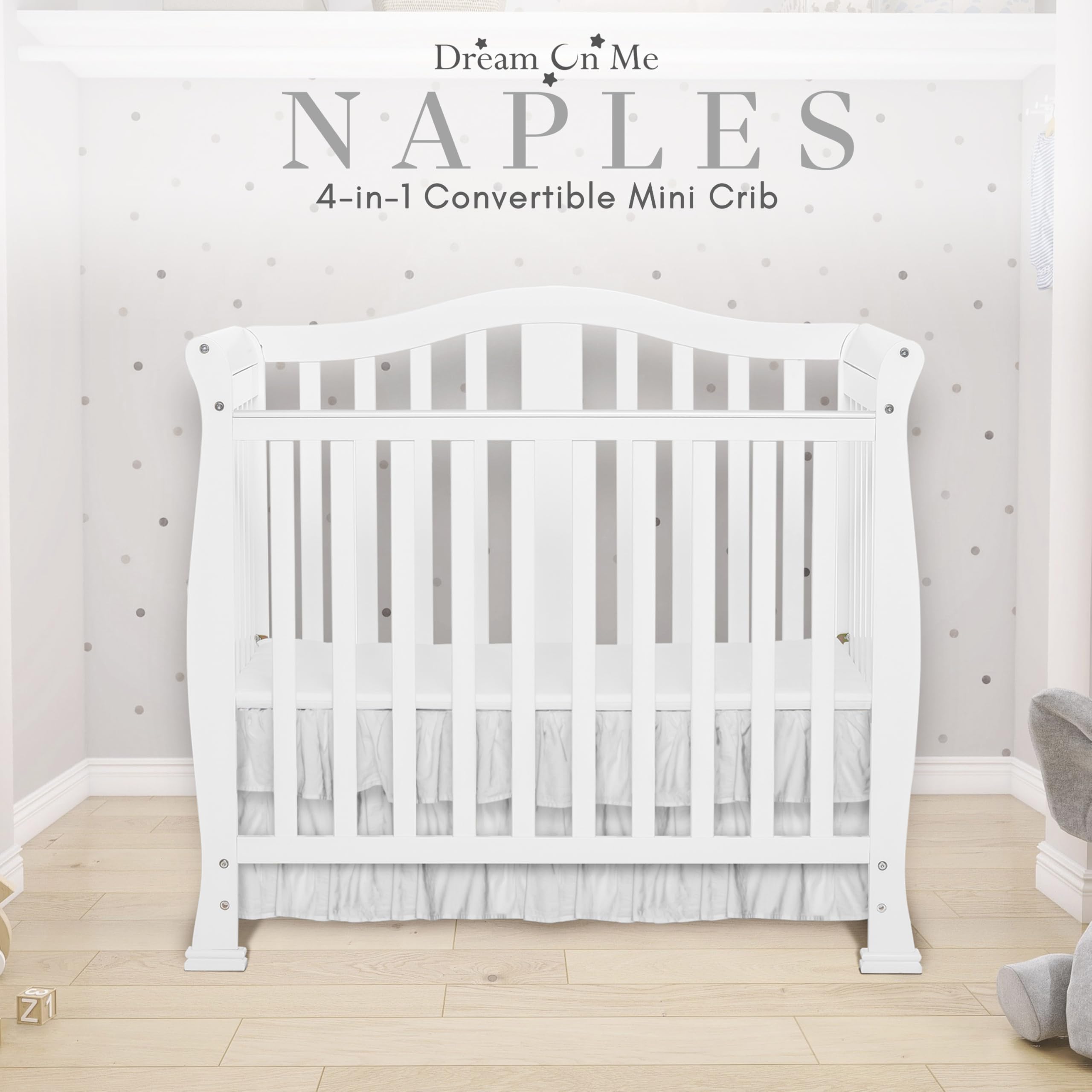 Dream On Me Addison 4-in-1 Convertible Mini Crib - White | GREENGUARD Gold Certified | Non-Toxic New Zealand Pinewood | Includes 1