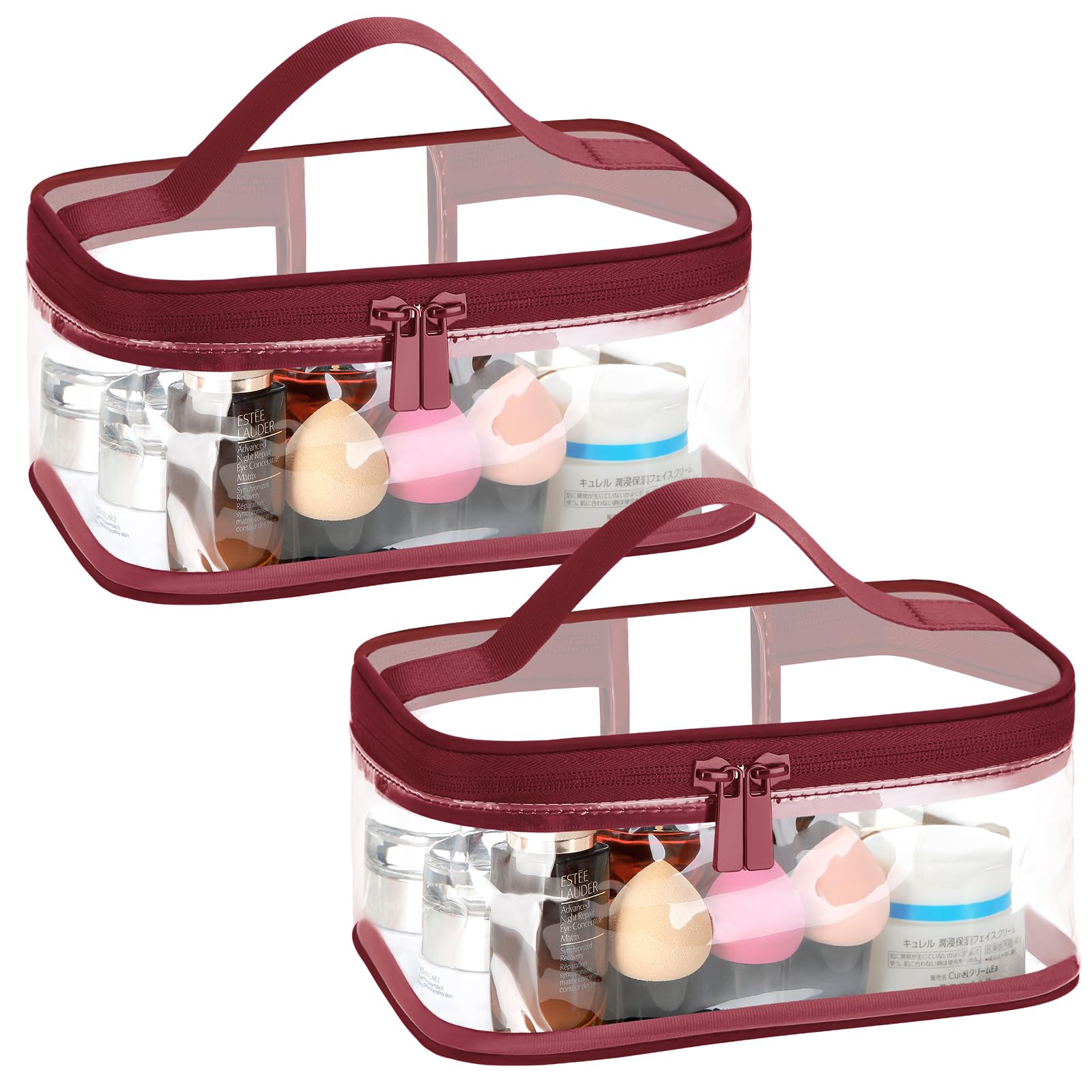 HAOGUAGUA 2 Pack Clear Makeup Bags - TSA Approved Waterproof Travel Toiletry Organizer for Cosmetics | Perfect for Carry-On Luggage, Airports & Weekend Getaways (Red, 2 Pieces)